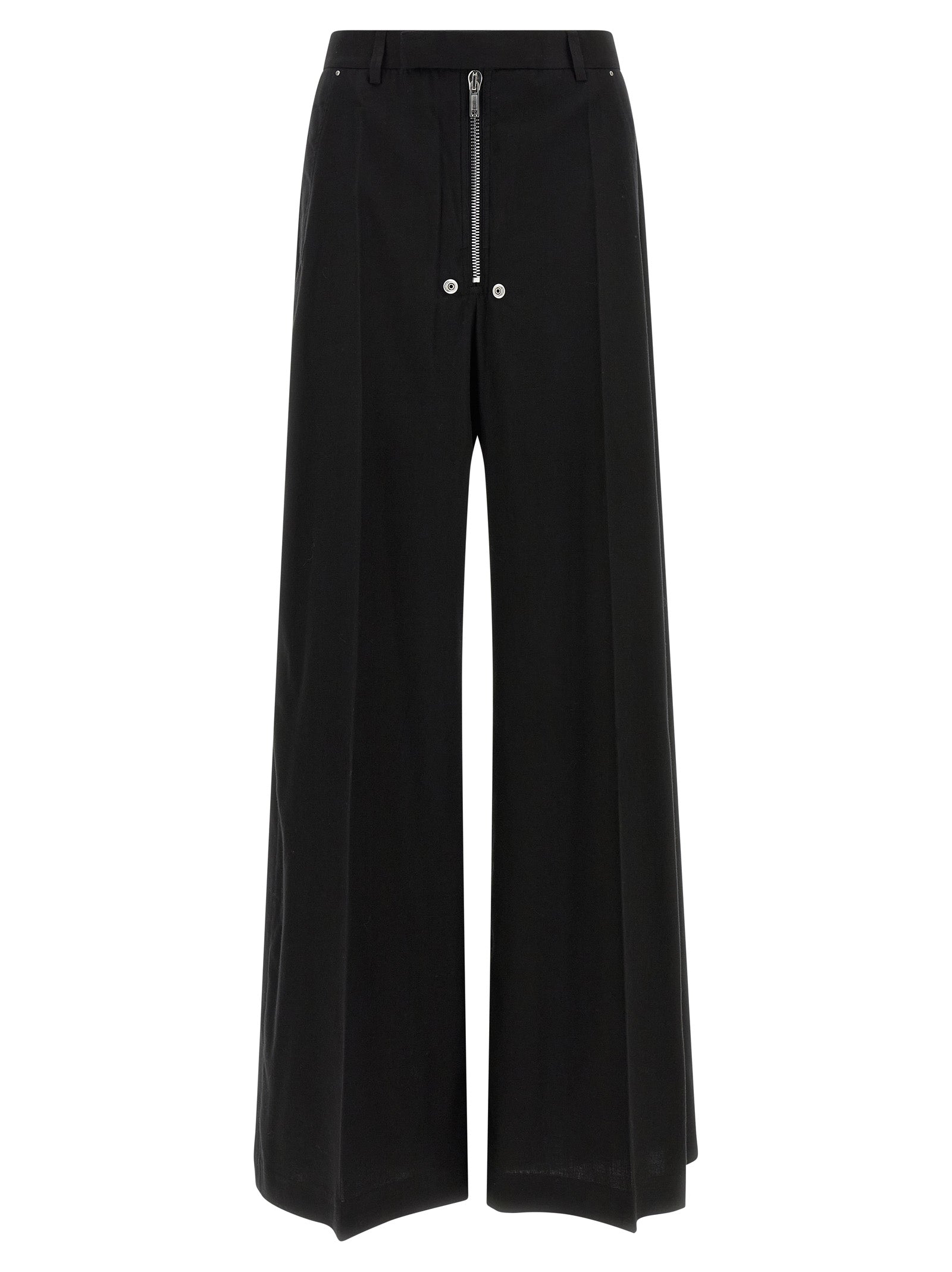 Pants by Rick Owens for women in wool cotton black showcases a unrivaled comfort silhouette, featuring a wide cut and long with a for a unrivaled comfort and refined aesthetic.