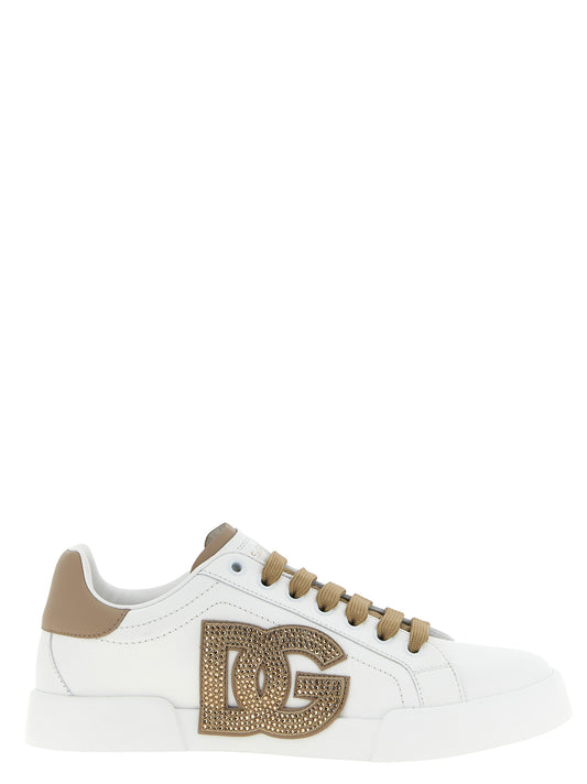 Sneakers by Dolce & Gabbana for women in suede calfskin leather & rhinestone beige presents a on trend silhouette from the Women's Fashion Suede Calfskin Leather & Rhinestone Sneakers collection, showcasing a on trend fashion style for an elevated aesthetic.