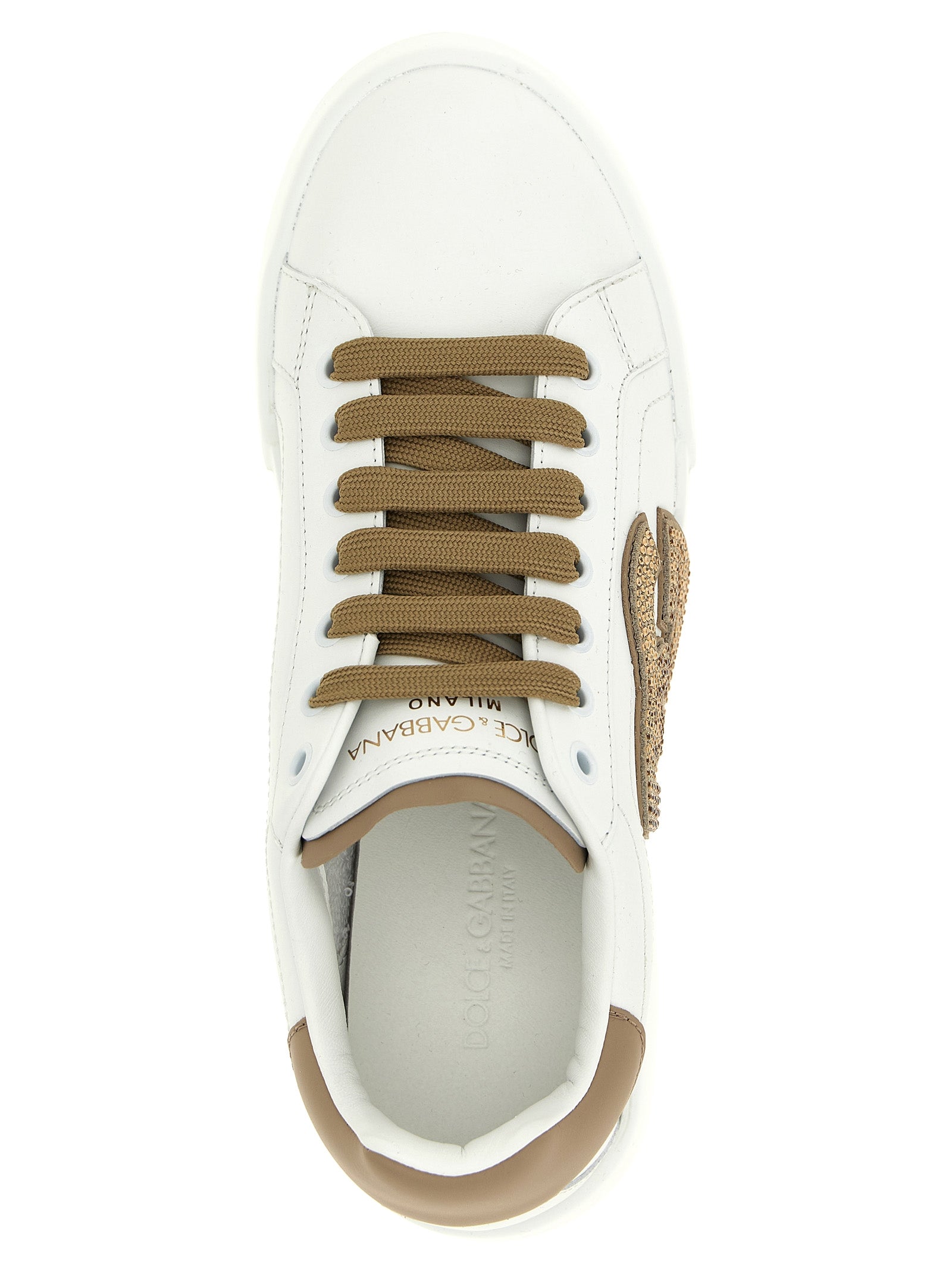 Sneakers by Dolce & Gabbana for women in suede calfskin leather & rhinestone beige features an timeless silhouette from the Women's Fashion Suede Calfskin Leather & Rhinestone Sneakers collection, showcasing a signature fashion style with an timeless finish.