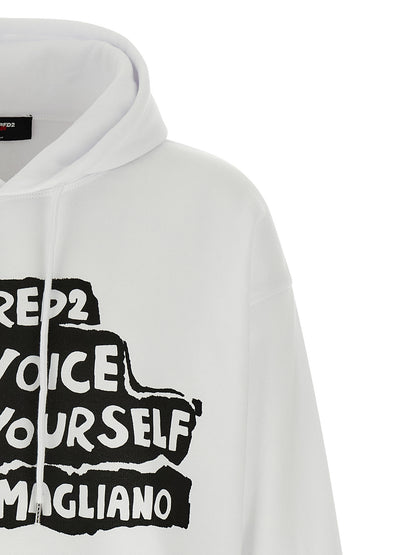 Sweatshirt Hoodie by Dsquared² for men in cotton bicolour, black, white & print showcases a city-ready silhouette, artfully detailed with a signature hooded neckline and for a city-ready finish.