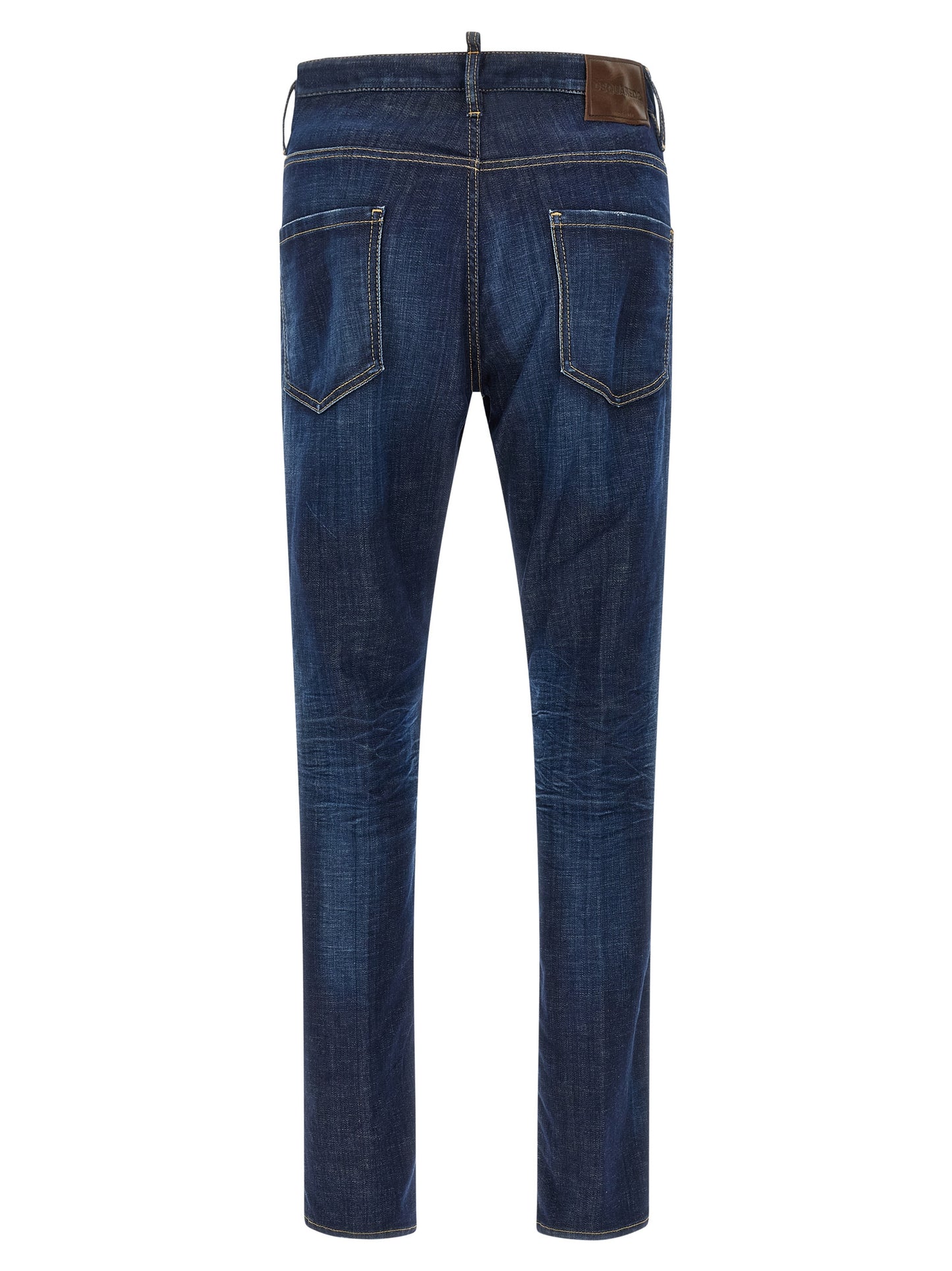 Jeans by Dsquared² for men in stretch denim cotton blue features a polished silhouette with a polished straight-leg, reaching a polished long and finished with a polished .
