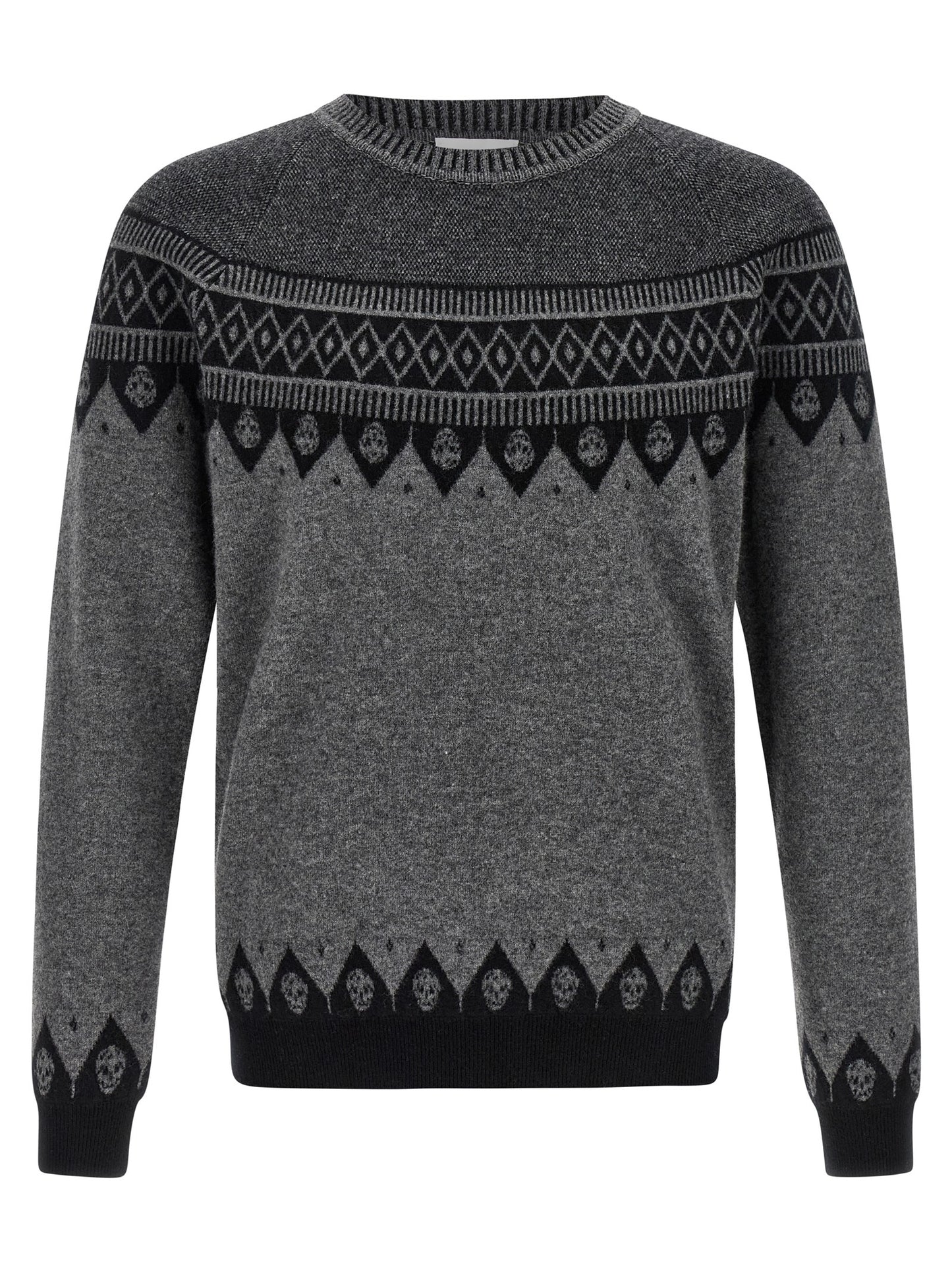Cardigan by Alexander McQueen for men in wool gray, patterned & jacquard features a dramatic silhouette, showcasing a sophisticated crew neckline and dramatic detail for a timeless, premium look.