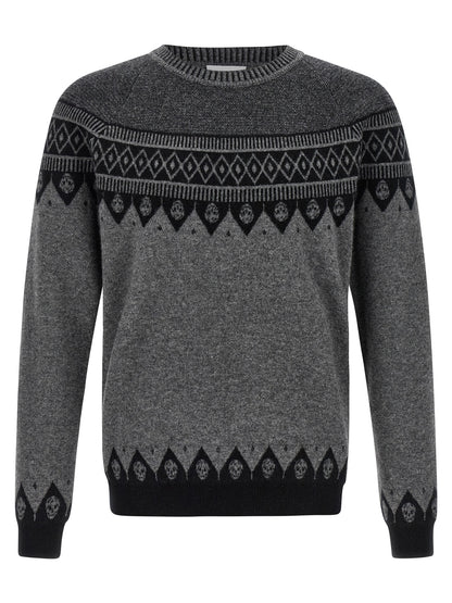 Cardigan by Alexander McQueen for men in wool gray, patterned & jacquard features a dramatic silhouette, showcasing a sophisticated crew neckline and dramatic detail for a timeless, premium look.