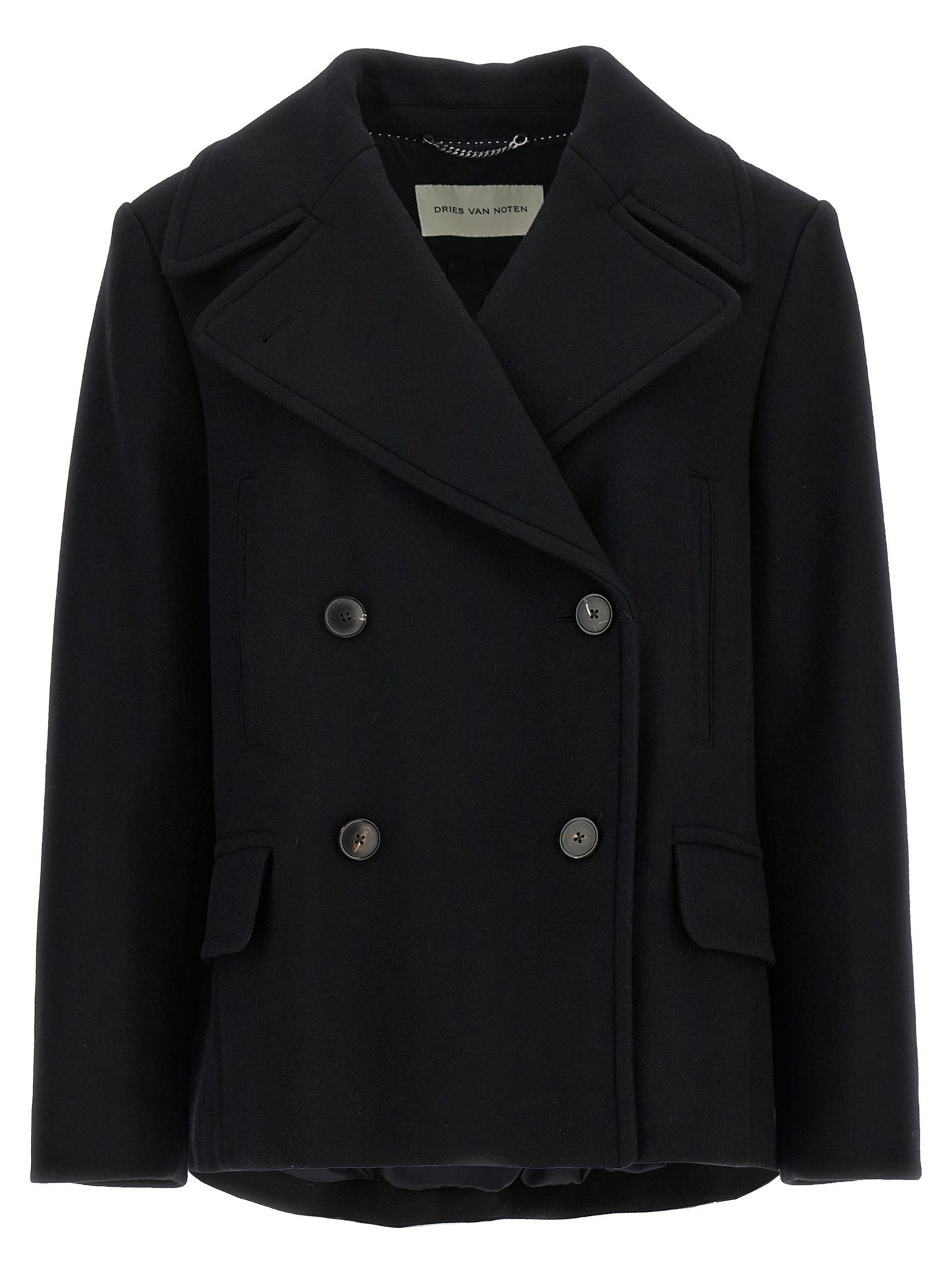 Overcoat by Dries Van Noten for women in viscose cotton & wool black presents a luxurious silhouette, showcasing a luxurious and sophisticated insulated for a premium, luxurious look.