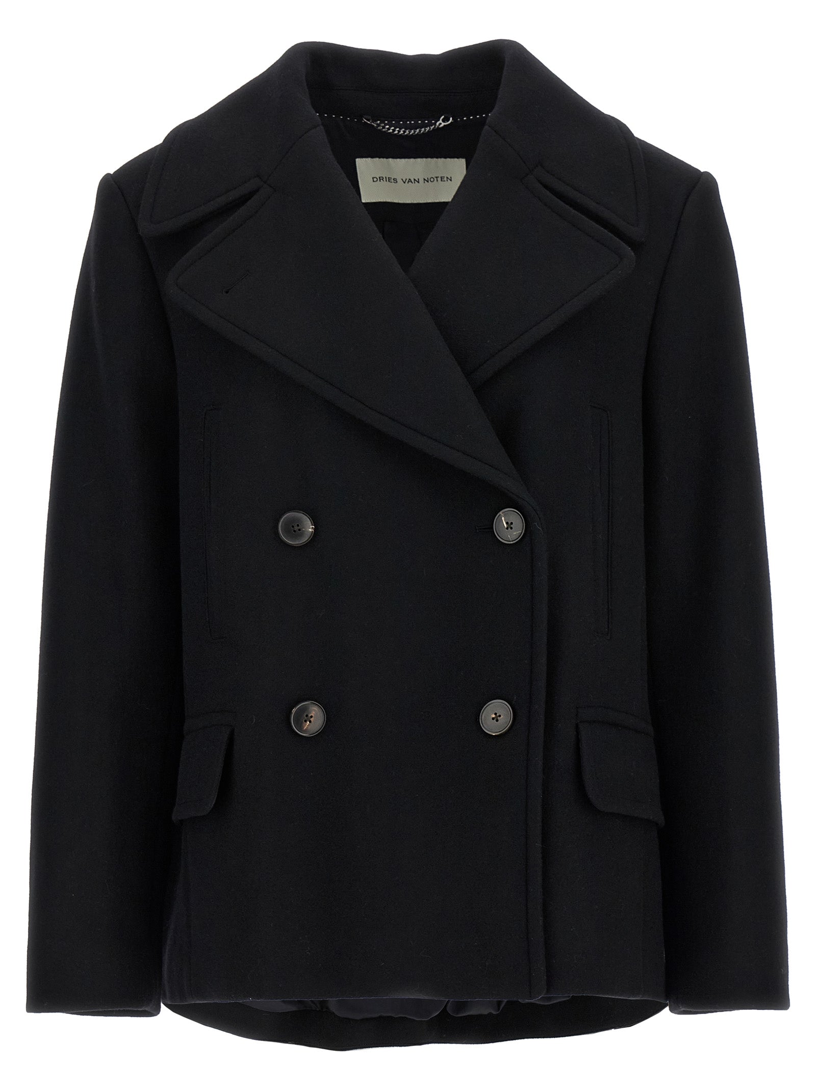 Overcoat by Dries Van Noten for women in viscose cotton & wool black presents a luxurious silhouette, showcasing a luxurious and sophisticated insulated for a premium, luxurious look.