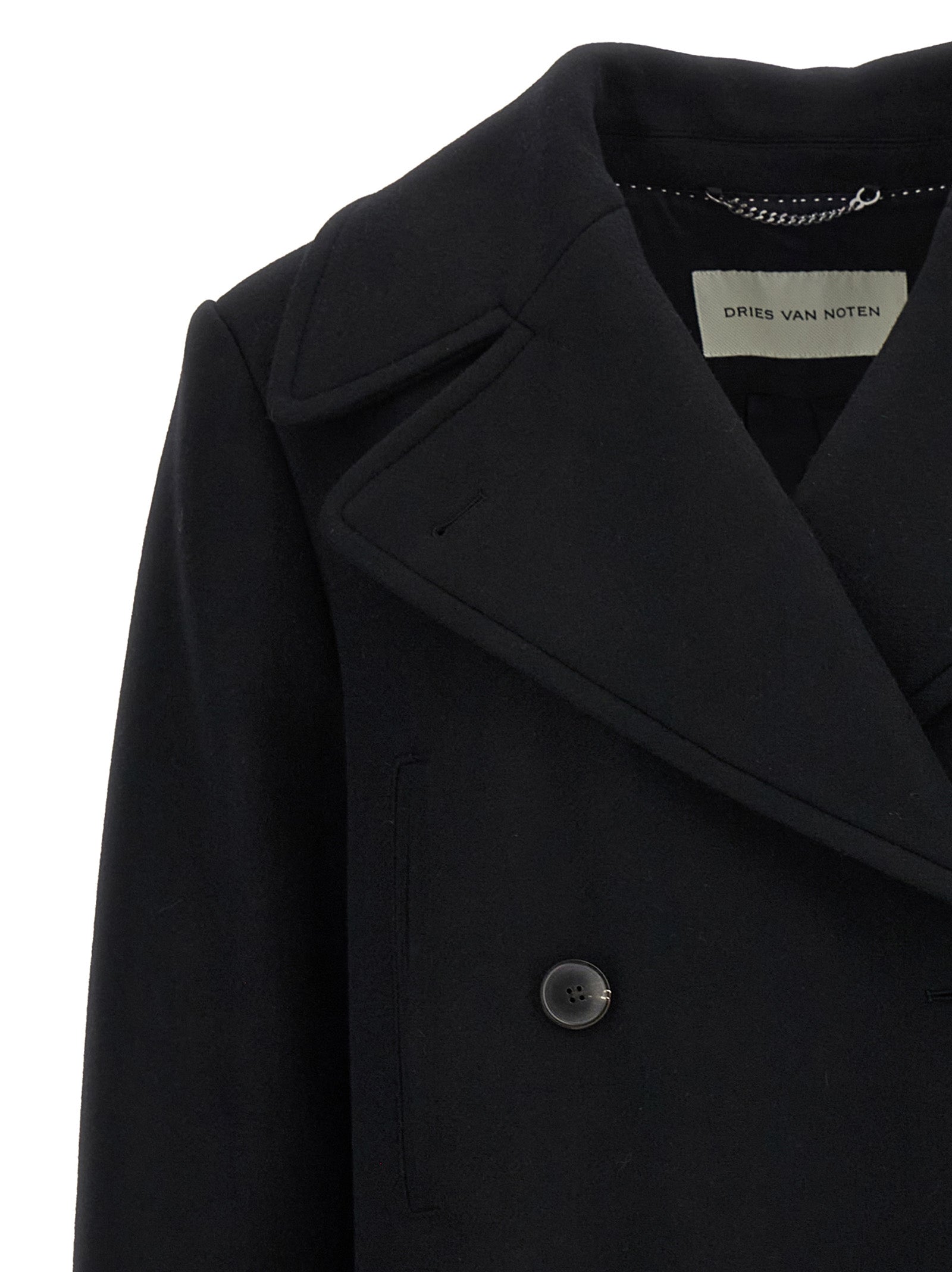 Overcoat by Dries Van Noten for women in viscose cotton & wool black features an satoral silhouette, showcasing a sophisticated and satoral insulated for a premium, timeless look.