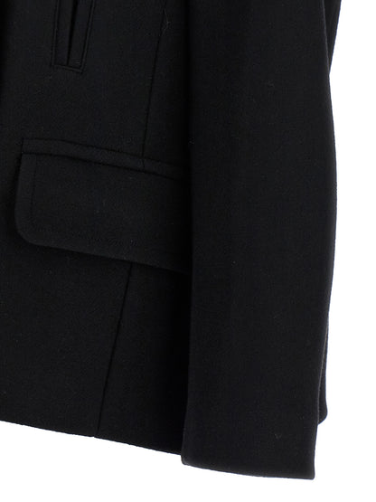 Overcoat by Dries Van Noten for women in viscose cotton & wool black showcases a enveloping silhouette, detailed with distinctive insulated and a enveloping .