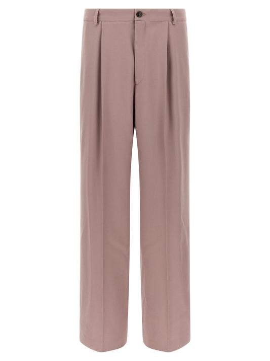 Trousers by Dries Van Noten for men in wool multicolor & pink features an on trend silhouette, showcasing a sophisticated straight-leg & wide with a long and for an on trend finish.