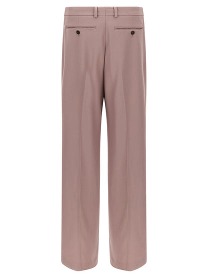 Trousers by Dries Van Noten for men in wool multicolor & pink features an sartorial silhouette, showcasing a precise straight-leg & wide and long with a sartorial for a refined look.