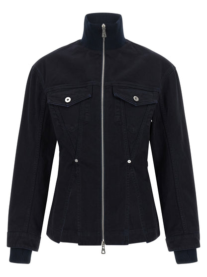 Trucker Jacket by Jean Paul Gaultier for women in denim cotton blue features a dramatic silhouette, showcasing a sophisticated and distinctive for a dramatic aesthetic.