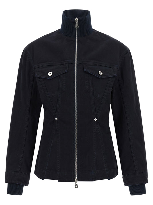 Trucker Jacket by Jean Paul Gaultier for women in denim cotton blue features a dramatic silhouette, showcasing a sophisticated and distinctive for a dramatic aesthetic.