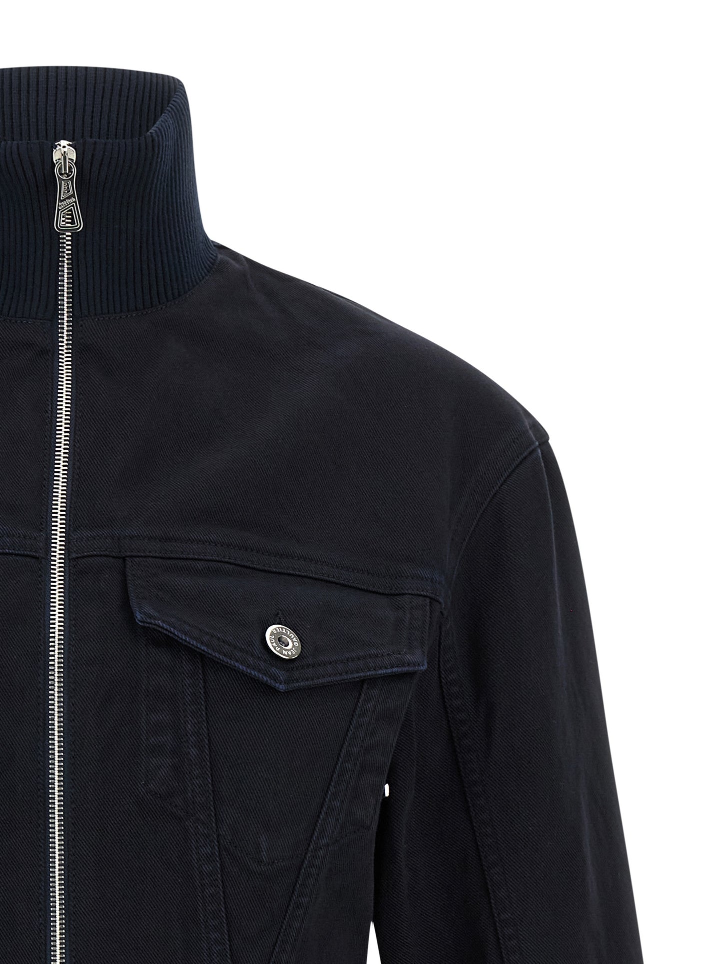 Trucker Jacket by Jean Paul Gaultier for women in denim cotton blue features an contemporary silhouette, showcasing a sophisticated and contemporary for a truly refined look.
