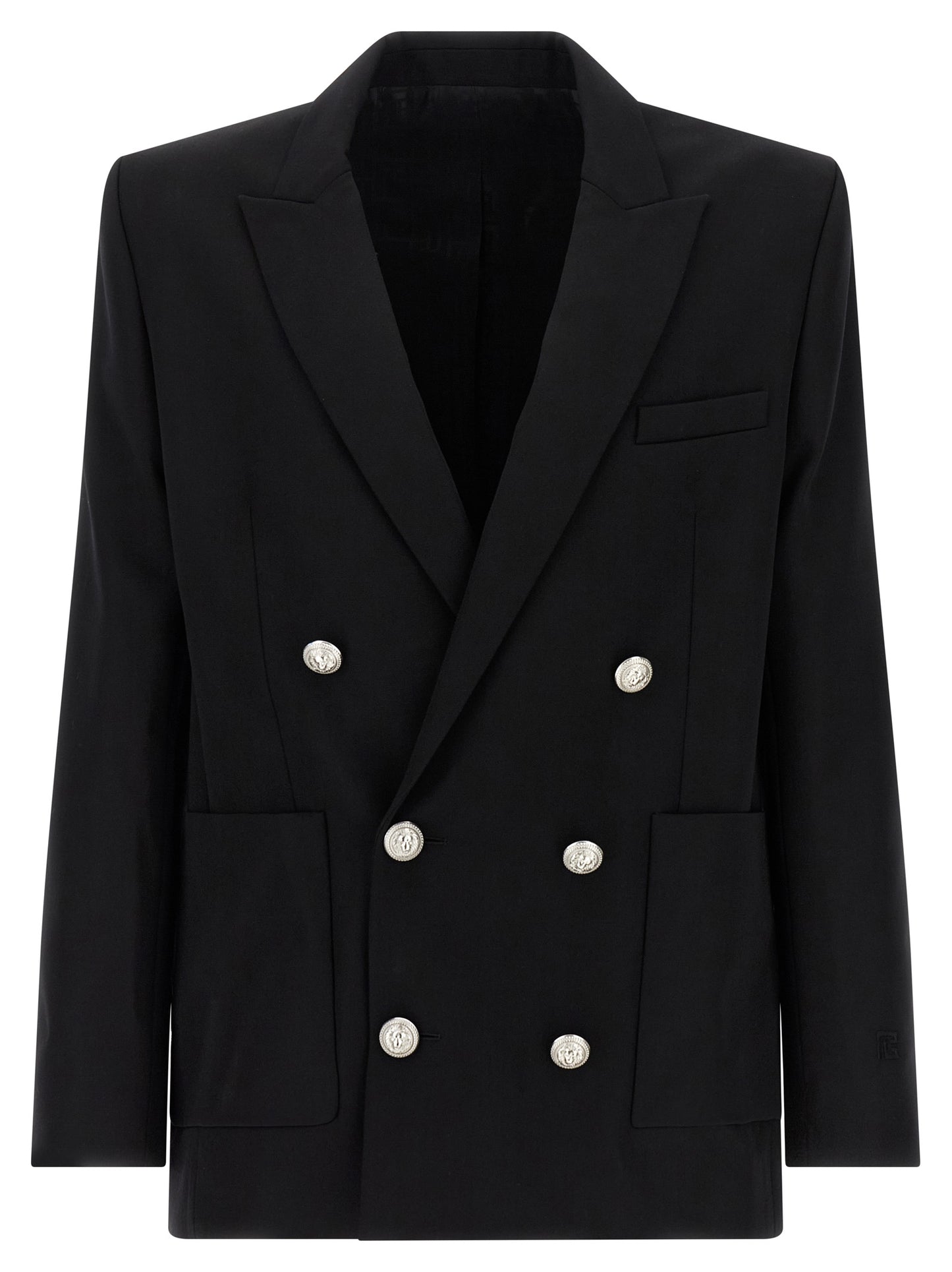 Blazer by Balmain for men in virgin wool black & monogram showcases a polished silhouette, highlighted by a refined and polished for a sophisticated finish.
