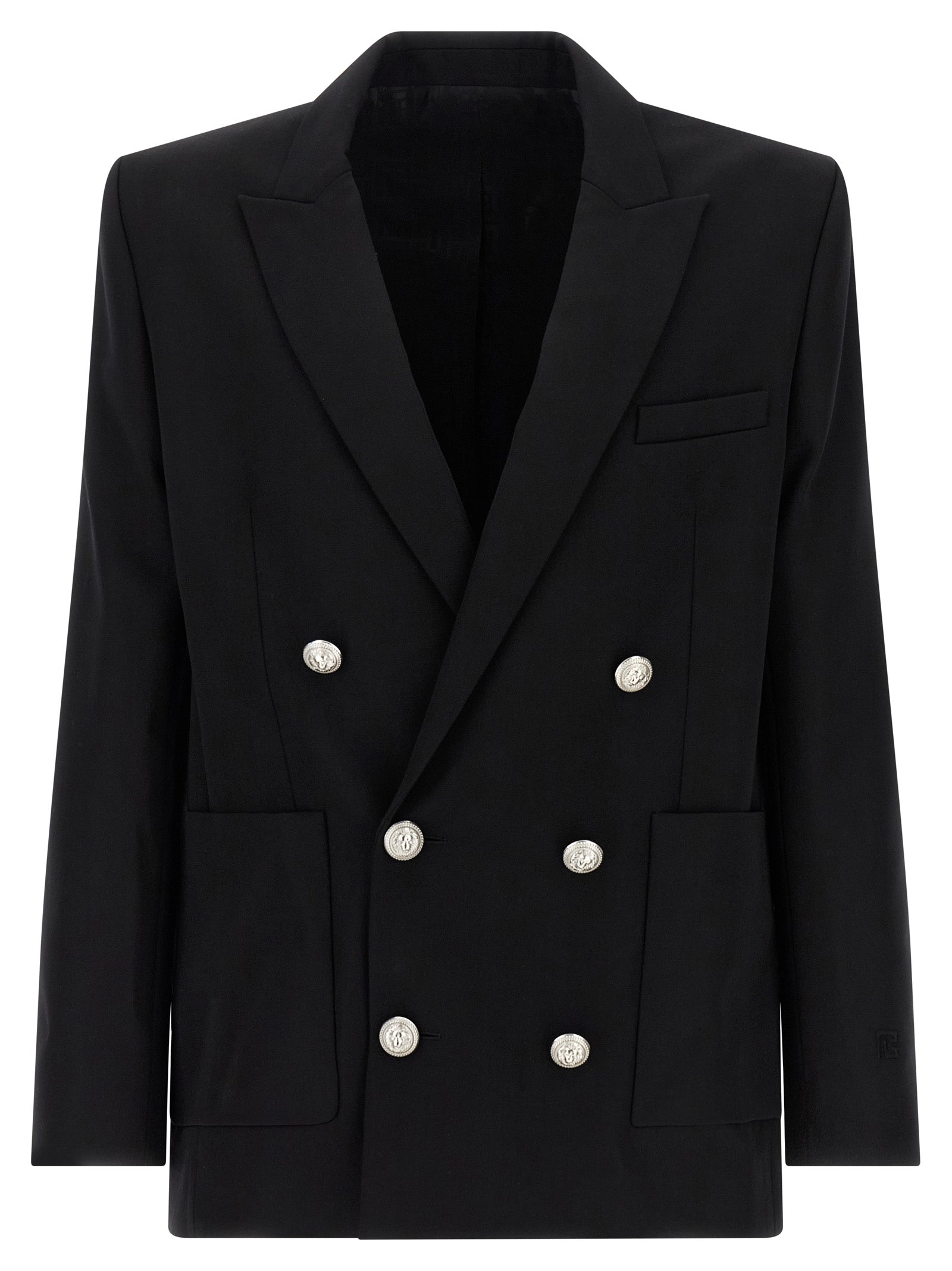 Blazer by Balmain for men in virgin wool black & monogram showcases a polished silhouette, highlighted by a refined and polished for a sophisticated finish.