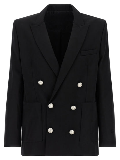 Blazer by Balmain for men in virgin wool black & monogram showcases a polished silhouette, highlighted by a refined and polished for a sophisticated finish.