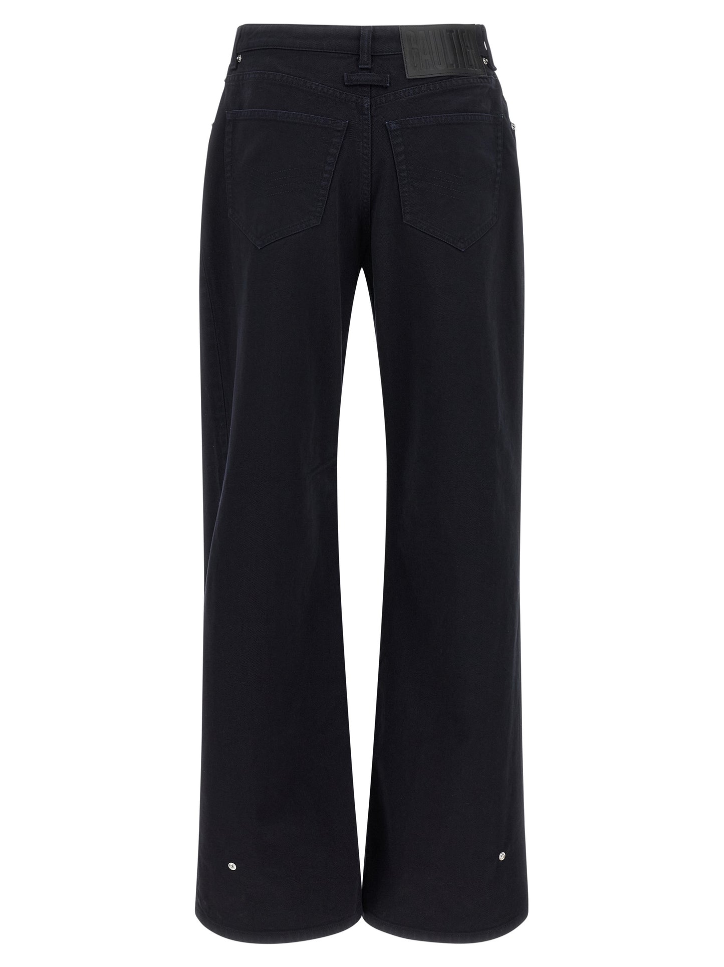 Jeans by Jean Paul Gaultier for women in denim cotton blue features an sophisticated and wide with a precise long, creating a sophisticated and sophisticated silhouette.