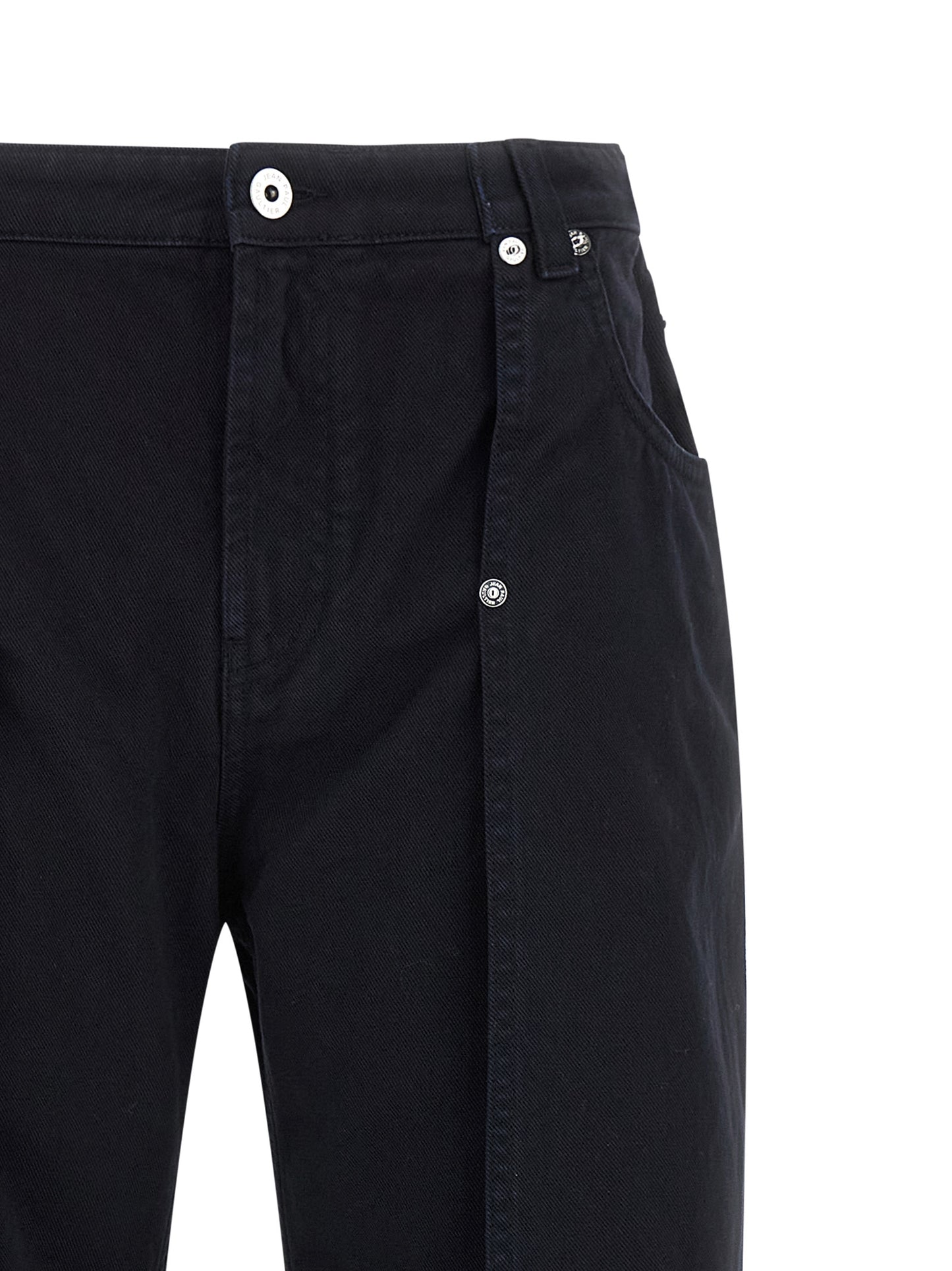 Jeans by Jean Paul Gaultier for women in denim cotton blue presents a tailored silhouette, showcasing a tailored wide and long cut with a refined for a truly tailored aesthetic.