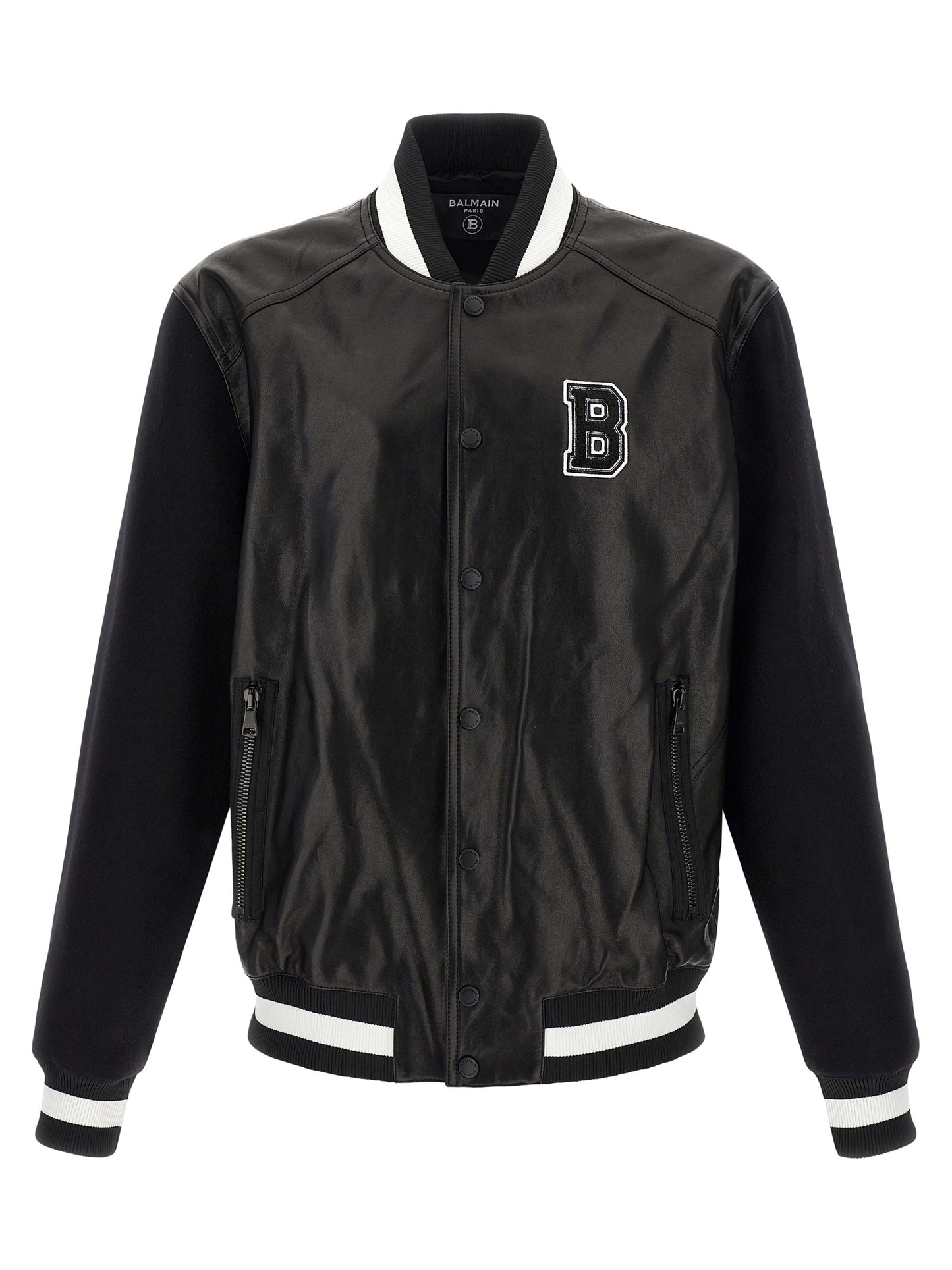 Bomber Jacket by Balmain for men in lamb leather & cupro bicolour, black, white & signature features a city-ready silhouette, detailed with pockets and a city-ready .
