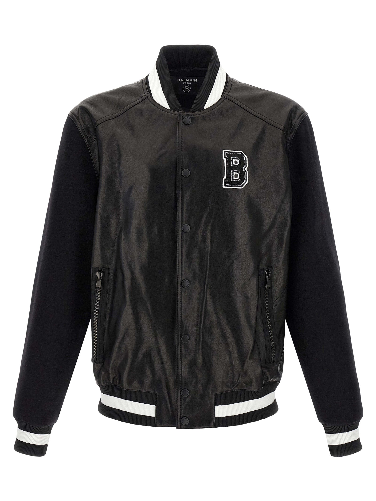 Bomber Jacket by Balmain for men in lamb leather & cupro bicolour, black, white & signature features a city-ready silhouette, detailed with pockets and a city-ready .