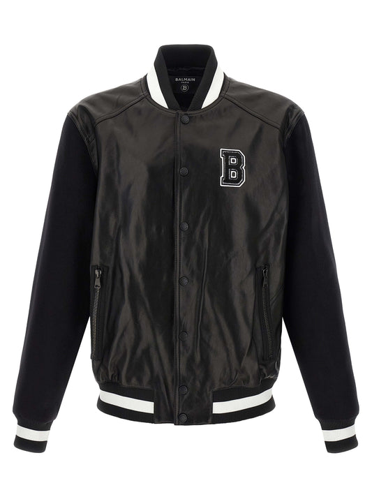 Bomber Jacket by Balmain for men in lamb leather & cupro bicolour, black, white & signature features a city-ready silhouette, detailed with pockets and a city-ready .