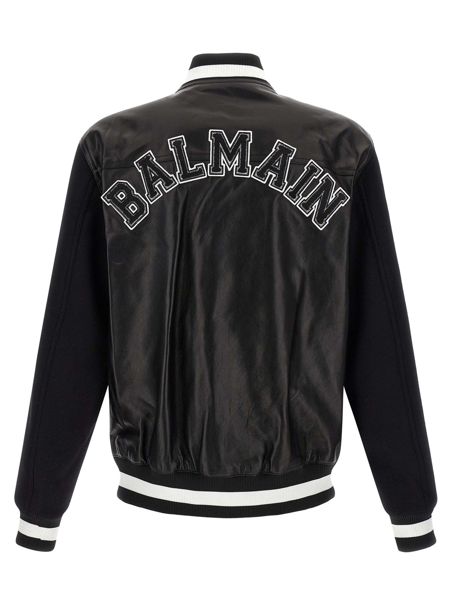 Bomber Jacket by Balmain for men in lamb leather & cupro bicolour, black, white & signature showcases a bohemian silhouette, artfully detailed with a bohemian and signature pockets for a truly bohemian finish.