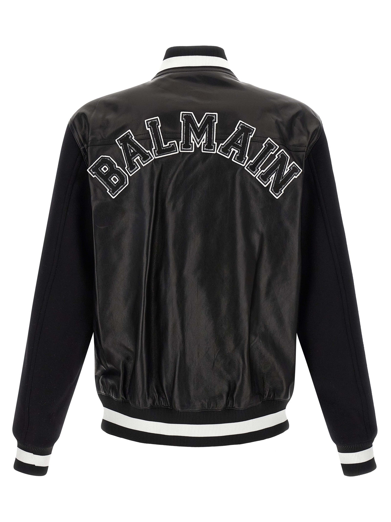 Bomber Jacket by Balmain for men in lamb leather & cupro bicolour, black, white & signature showcases a bohemian silhouette, artfully detailed with a bohemian and signature pockets for a truly bohemian finish.