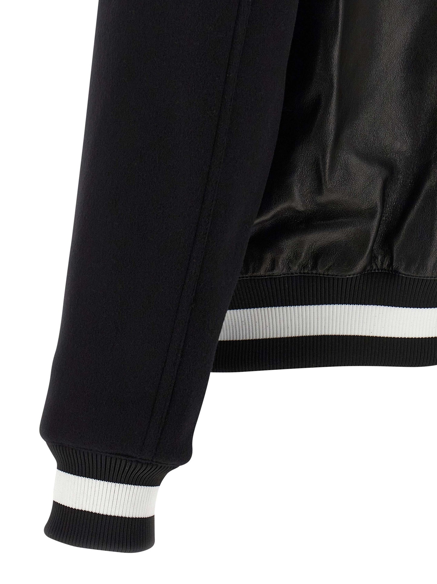Bomber Jacket by Balmain for men in lamb leather & cupro bicolour, black, white & signature features an contemporary silhouette, showcasing a sophisticated and contemporary pockets for a truly refined look.