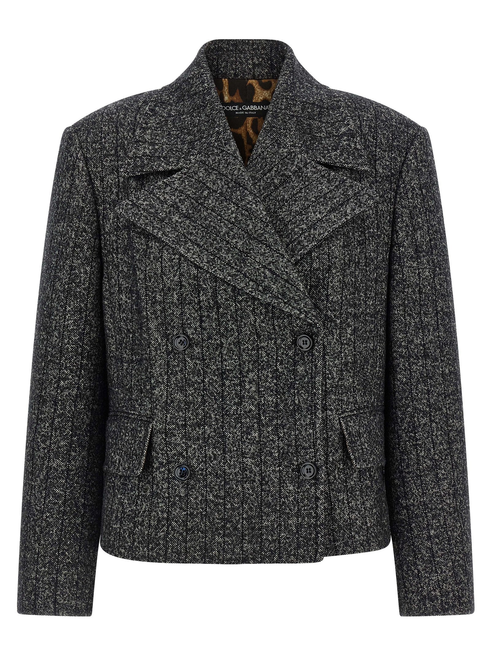 Blazer by Dolce & Gabbana for women in virgin wool & polyamide bicolour, animal, black, white, print & striped showcases a discerning silhouette, elegantly detailed with a sophisticated and premium for a truly discerning finish.