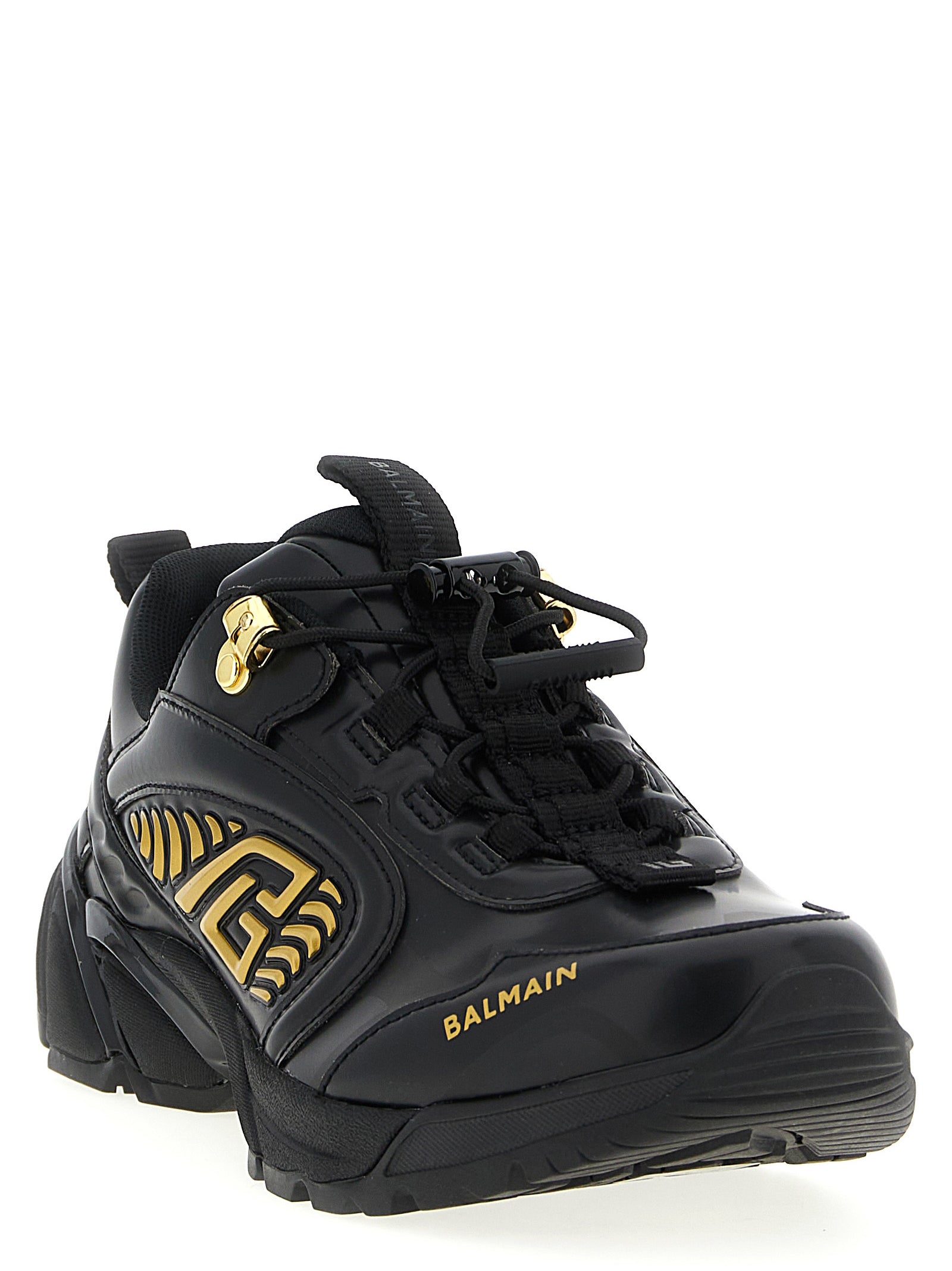 Athletic Sneakers by Balmain for men in nylon polyurethane leather black showcases a architectural silhouette, artfully capturing the essence of the Men's Athletic Nylon Polyurethane Leather Sneakers with its signature architectural athletic style construction.