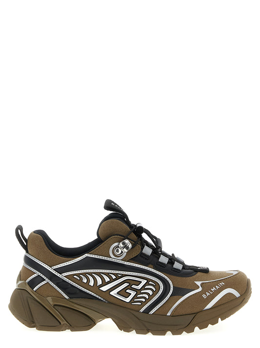 Athletic Sneakers by Balmain for men in polyamide polyethylene polyurethane suede leather bicolour & green presents a sleek silhouette, perfectly capturing the athletic style essence of Men's Athletic Polyamide Polyethylene Polyurethane Suede Leather Sneakers with its sleek design and premium finish.