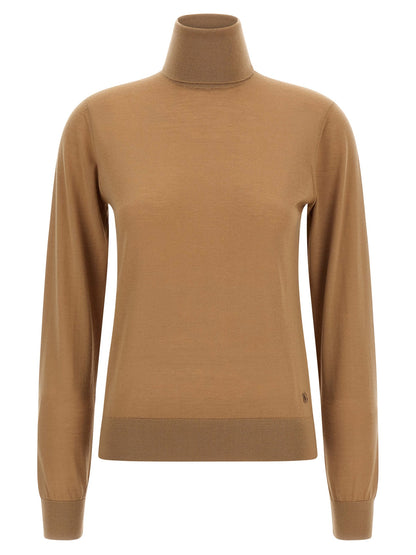 Cardigan by Dolce & Gabbana for women in cashmere beige showcases a luxurious silhouette, meticulously detailed with a sophisticated turtle high-neck neckline and for a refined finish.