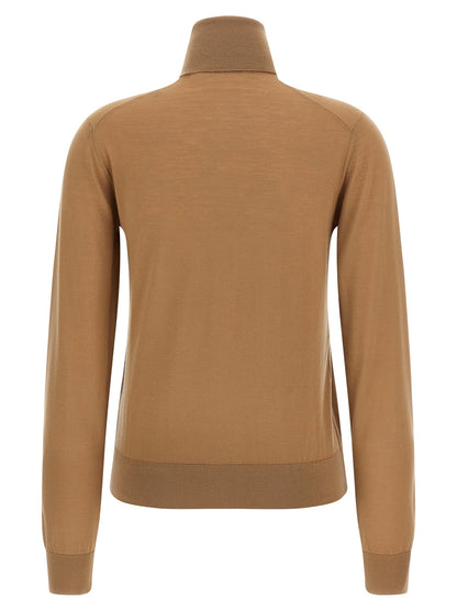 Cardigan by Dolce & Gabbana for women in cashmere beige features a nuanced silhouette with a refined turtle high-neck neckline and nuanced detailing for a sophisticated look.