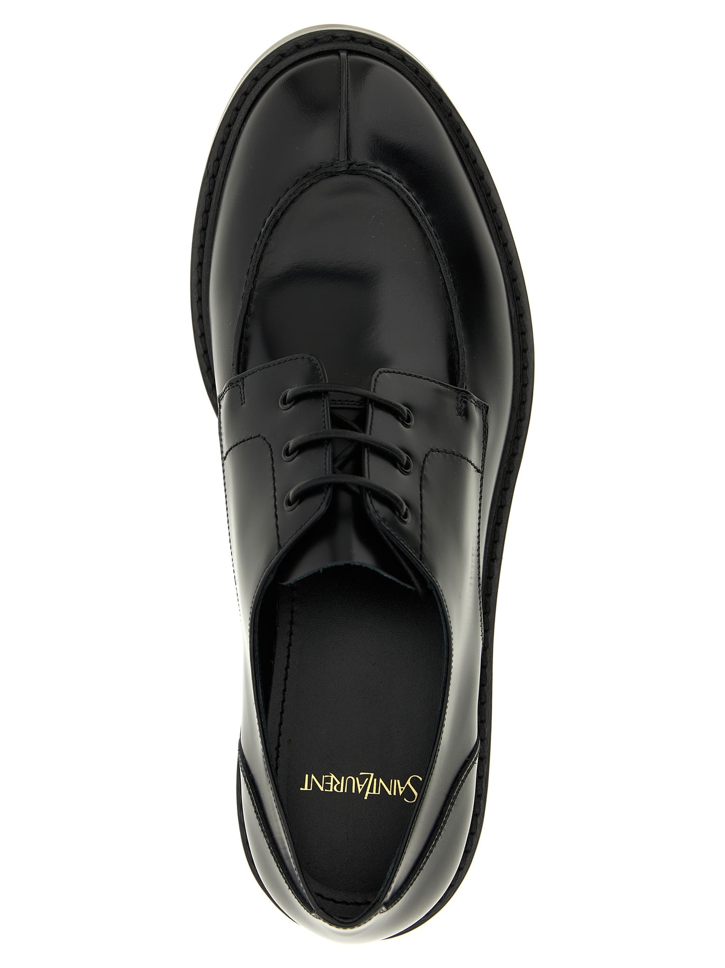 This Derby Lace-Up Shoes by Saint Laurent for men in calfskin leather black features an exquisite silhouette from the Men's Calfskin Leather Derby Lace-Up Shoes collection, defined by a sophisticated and elegant almond toe style.