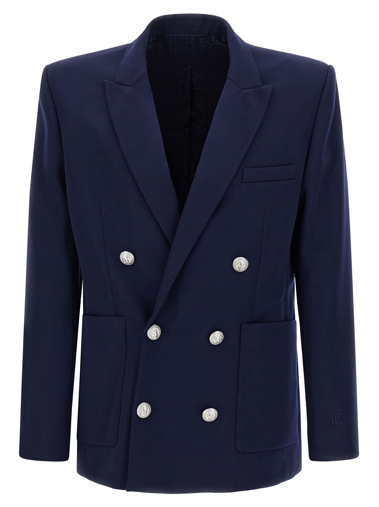 Blazer by Balmain for men in virgin wool blue & monogram features an crisp silhouette with sophisticated and a crisp for a truly crisp finish.