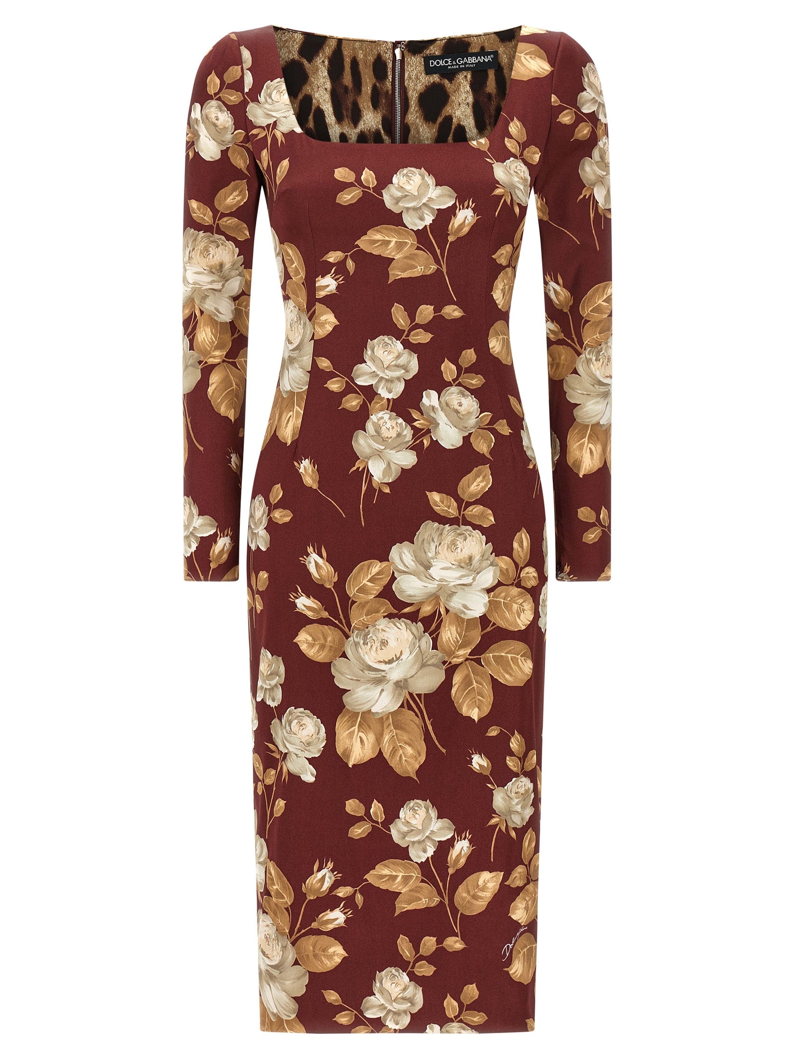 Dress by Dolce & Gabbana for women in silk viscose satin animal, multicolor, rose & print features an eye catching silhouette with a sophisticated round neckline, elegant long-sleeve, and a refined midi for a eye catching aesthetic.