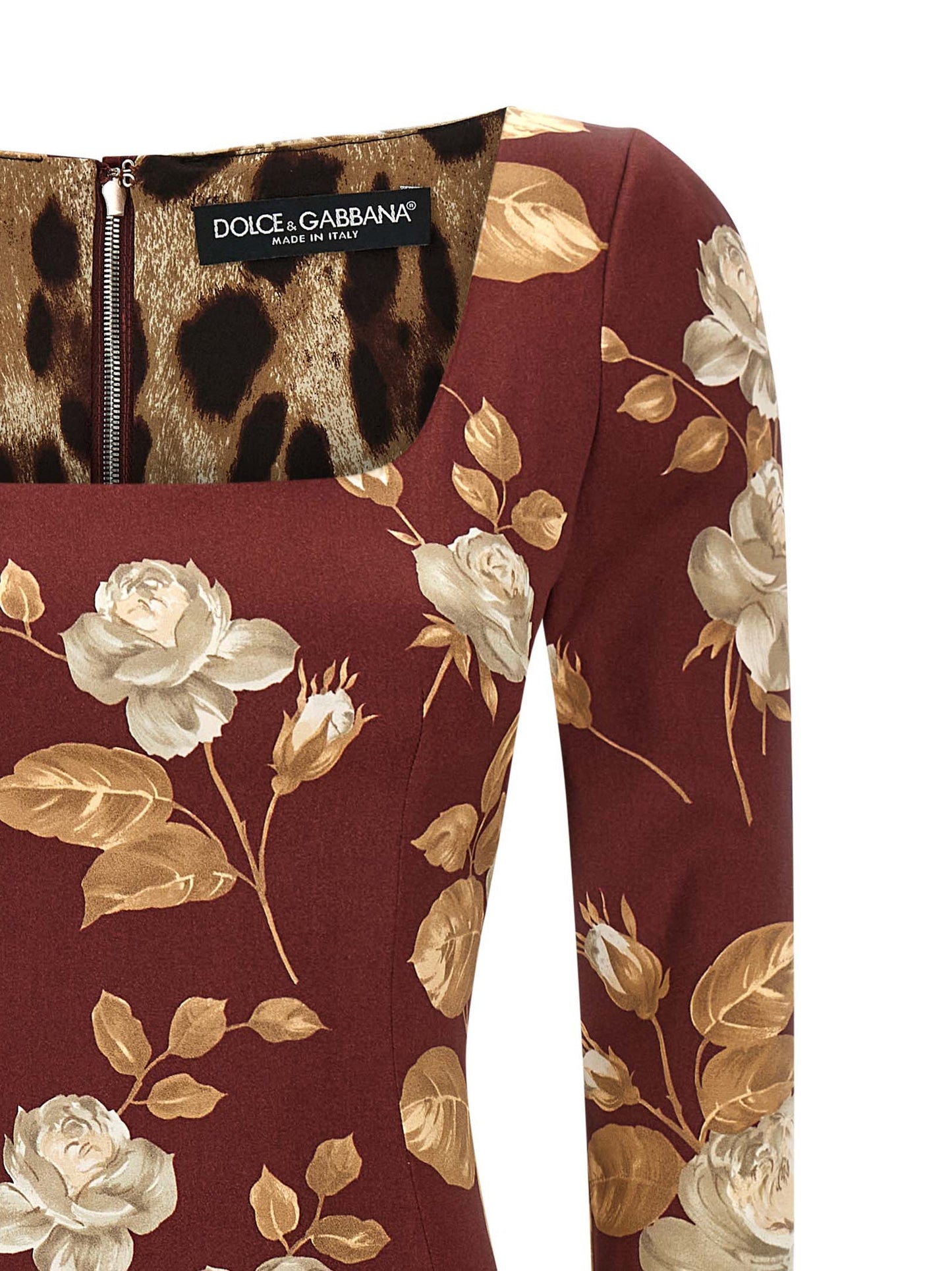 Dress by Dolce & Gabbana for women in silk viscose satin animal, multicolor, rose & print showcases a striking silhouette, elegantly detailed with a , refined round neckline, and a striking midi for a striking finish.