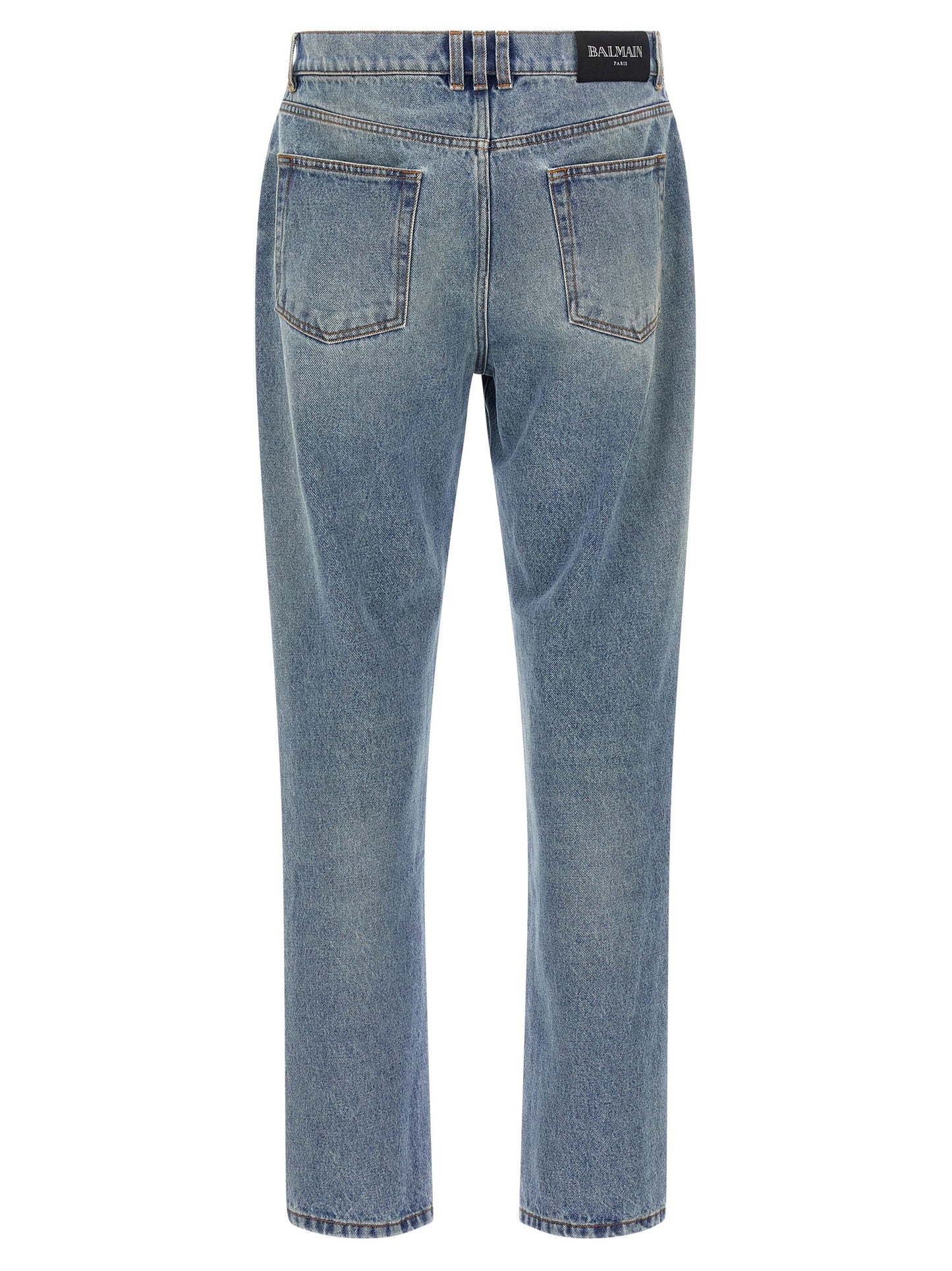 Jeans by Balmain for men in denim cotton blue & signature features an refined tailoring silhouette, showcasing a premium straight-leg with a and long cut for a refined tailoring look.