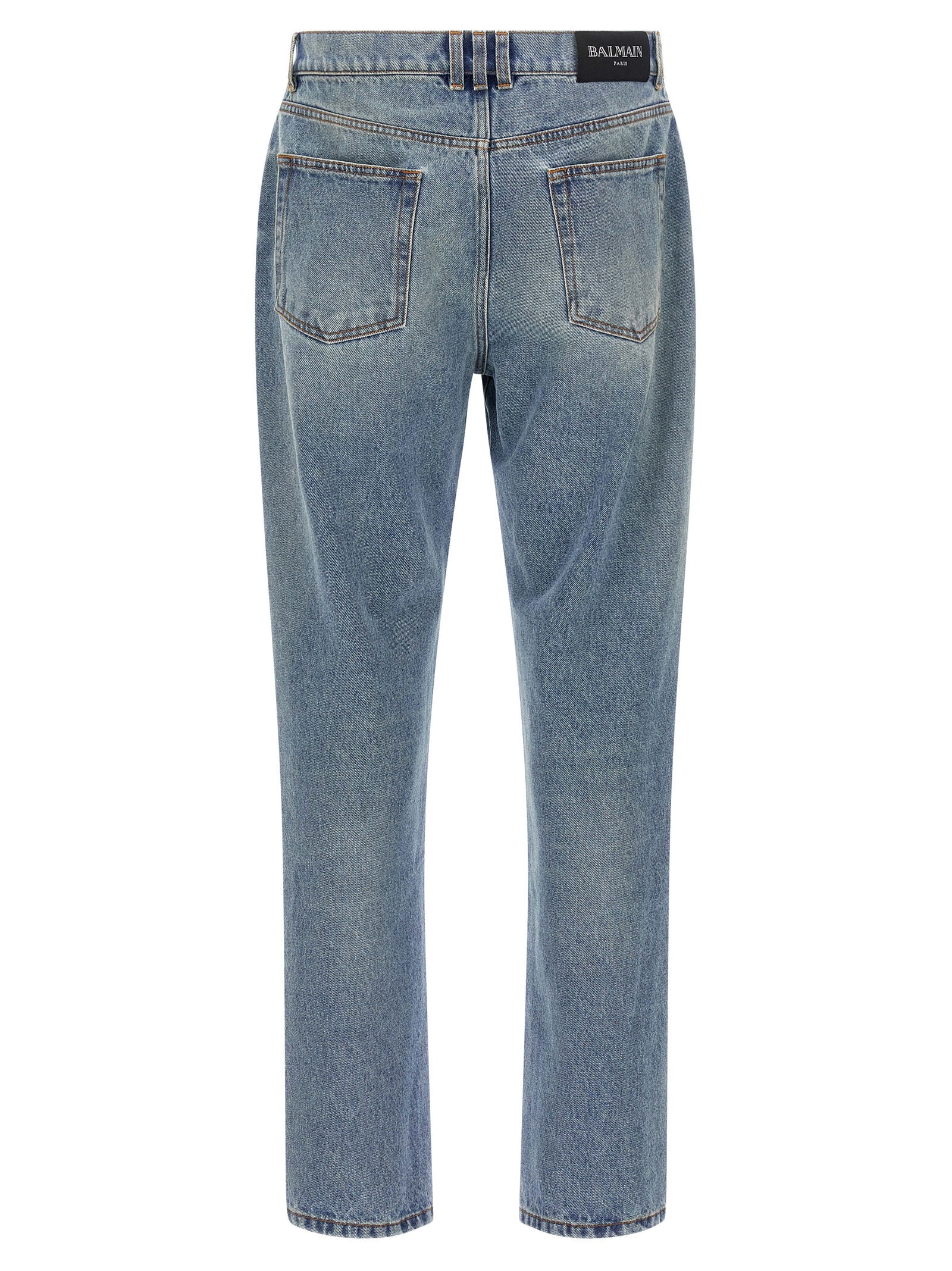 Jeans by Balmain for men in denim cotton blue & signature features an refined tailoring silhouette, showcasing a premium straight-leg with a and long cut for a refined tailoring look.