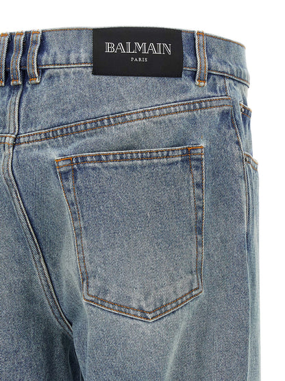 Jeans by Balmain for men in denim cotton blue & signature features a refined silhouette with a refined straight-leg, defined by a and a refined long for a refined finish.