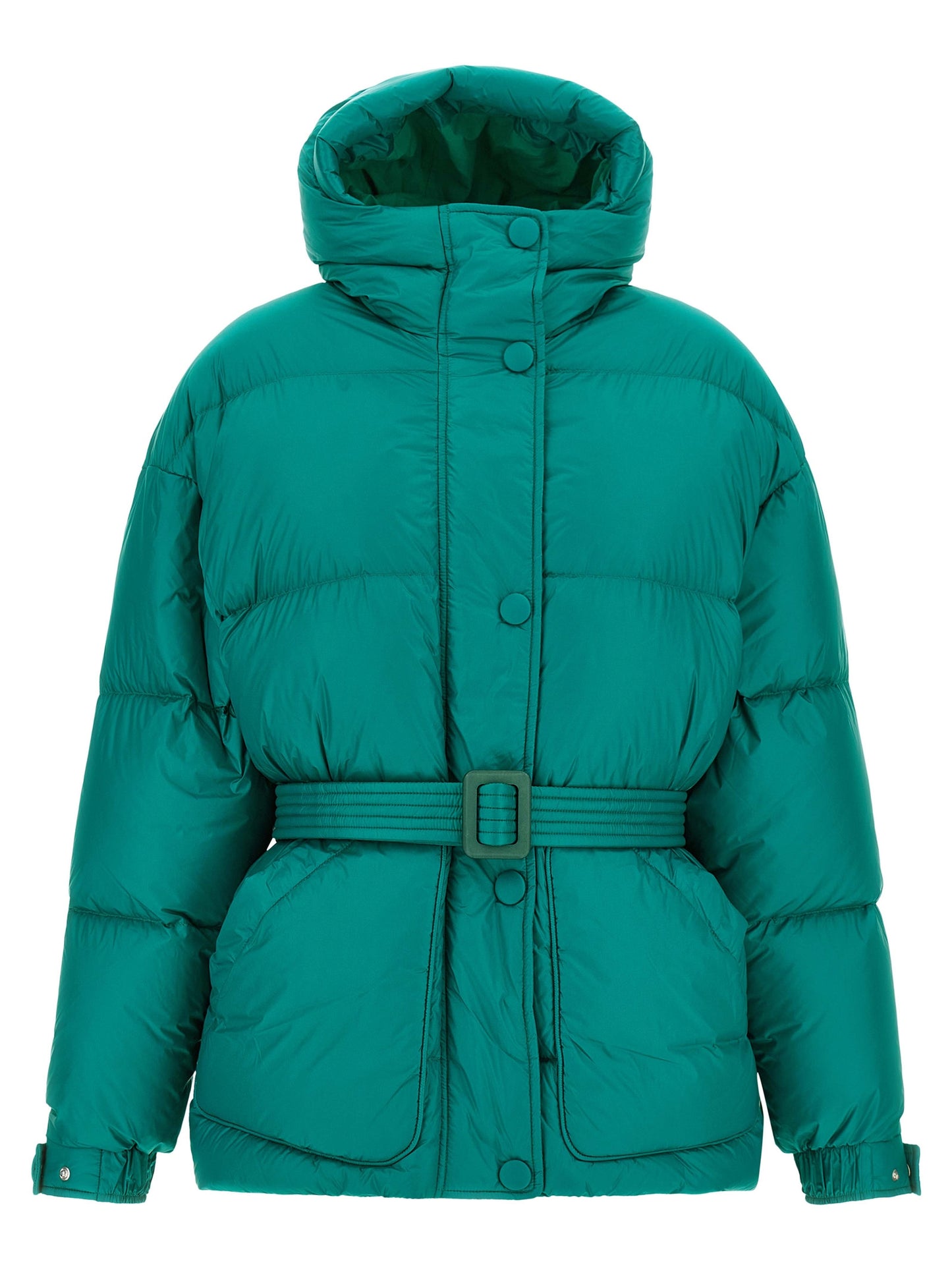 Hooded Puffer Jacket by IENKI IENKI for women in nylon & goose-down bicolour & green features an contemporary silhouette, showcasing a sophisticated hooded high-neck neckline and contemporary pockets, hooded & insulated for a truly refined look.