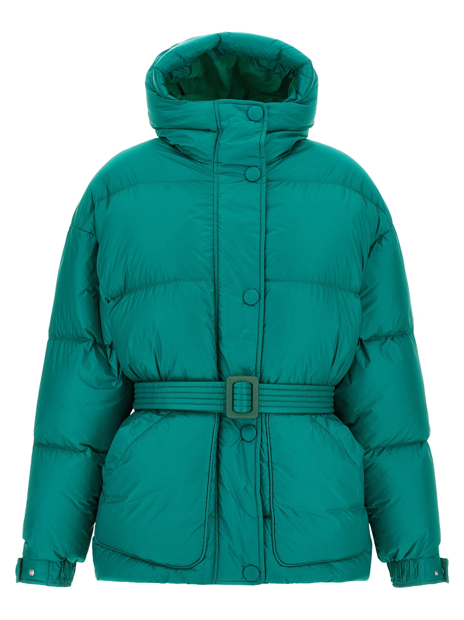 Hooded Puffer Jacket by IENKI IENKI for women in nylon & goose-down bicolour & green features an contemporary silhouette, showcasing a sophisticated hooded high-neck neckline and contemporary pockets, hooded & insulated for a truly refined look.