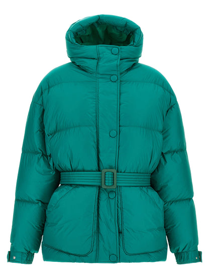 Hooded Puffer Jacket by IENKI IENKI for women in nylon & goose-down bicolour & green features an contemporary silhouette, showcasing a sophisticated hooded high-neck neckline and contemporary pockets, hooded & insulated for a truly refined look.