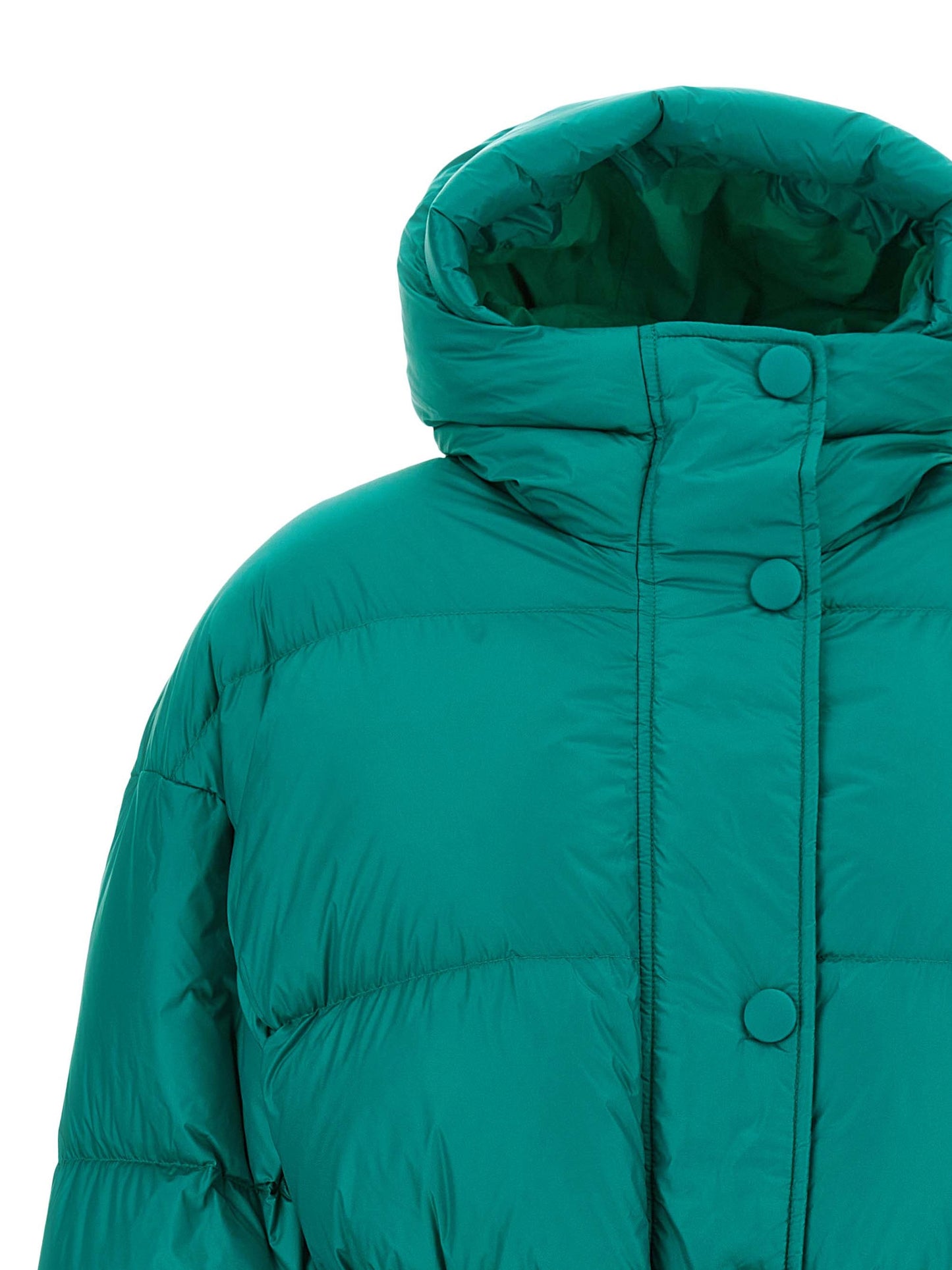 Hooded Puffer Jacket by IENKI IENKI for women in nylon & goose-down bicolour & green features a dramatic silhouette, showcasing a sophisticated hooded high-neck neckline and distinctive pockets, hooded & insulated for a dramatic aesthetic.