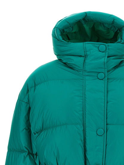 Hooded Puffer Jacket by IENKI IENKI for women in nylon & goose-down bicolour & green features a dramatic silhouette, showcasing a sophisticated hooded high-neck neckline and distinctive pockets, hooded & insulated for a dramatic aesthetic.