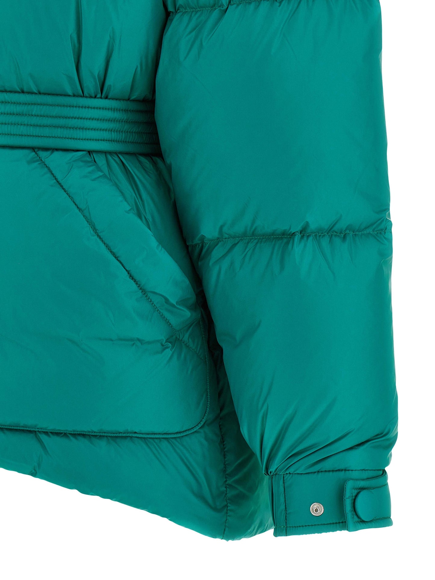 This Hooded Puffer Jacket by IENKI IENKI for women in nylon & goose-down bicolour & green exhibits a edgy silhouette, meticulously detailed with functional pockets, hooded & insulated and a edgy for a edgy finish.
