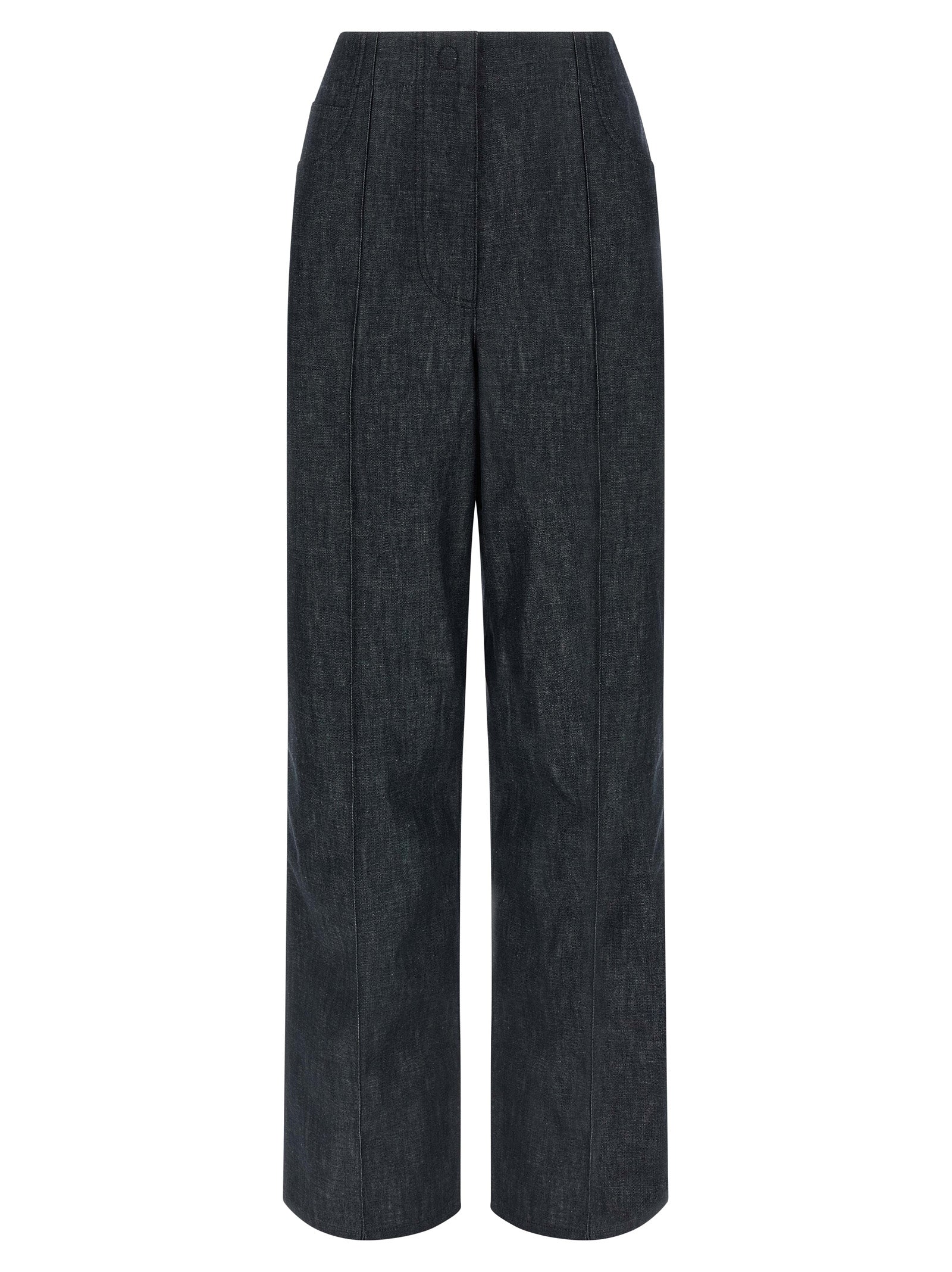 Jeans by Fendi for women in cotton denim blue & signature features a polished silhouette with a polished wide, reaching a polished long and finished with a polished high rise.
