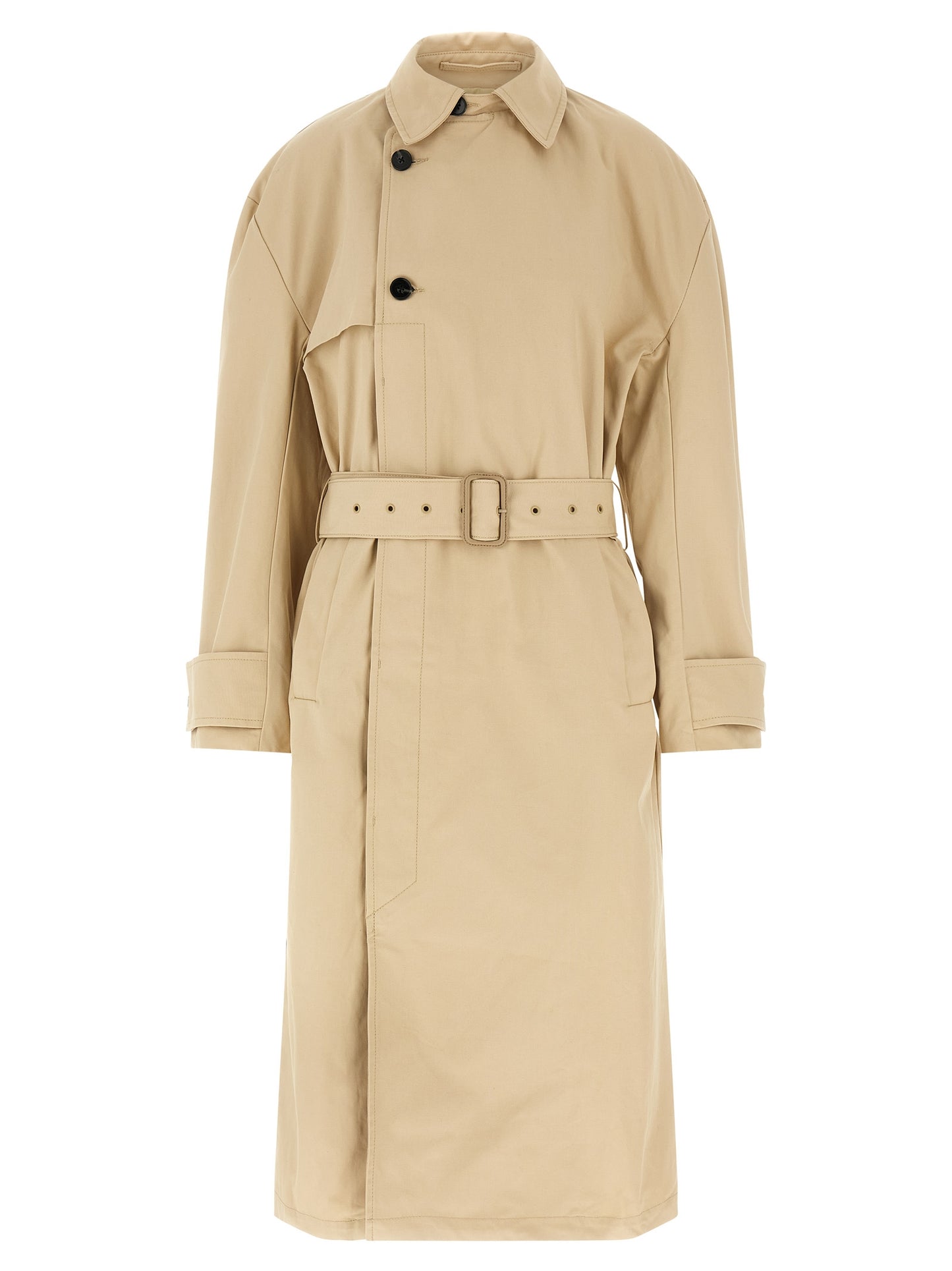 Trench Coat by Entire Studios for women in cotton canvas beige features an dramatic silhouette, perfectly showcasing the elegant split neckline and sophisticated for a truly dramatic aesthetic.