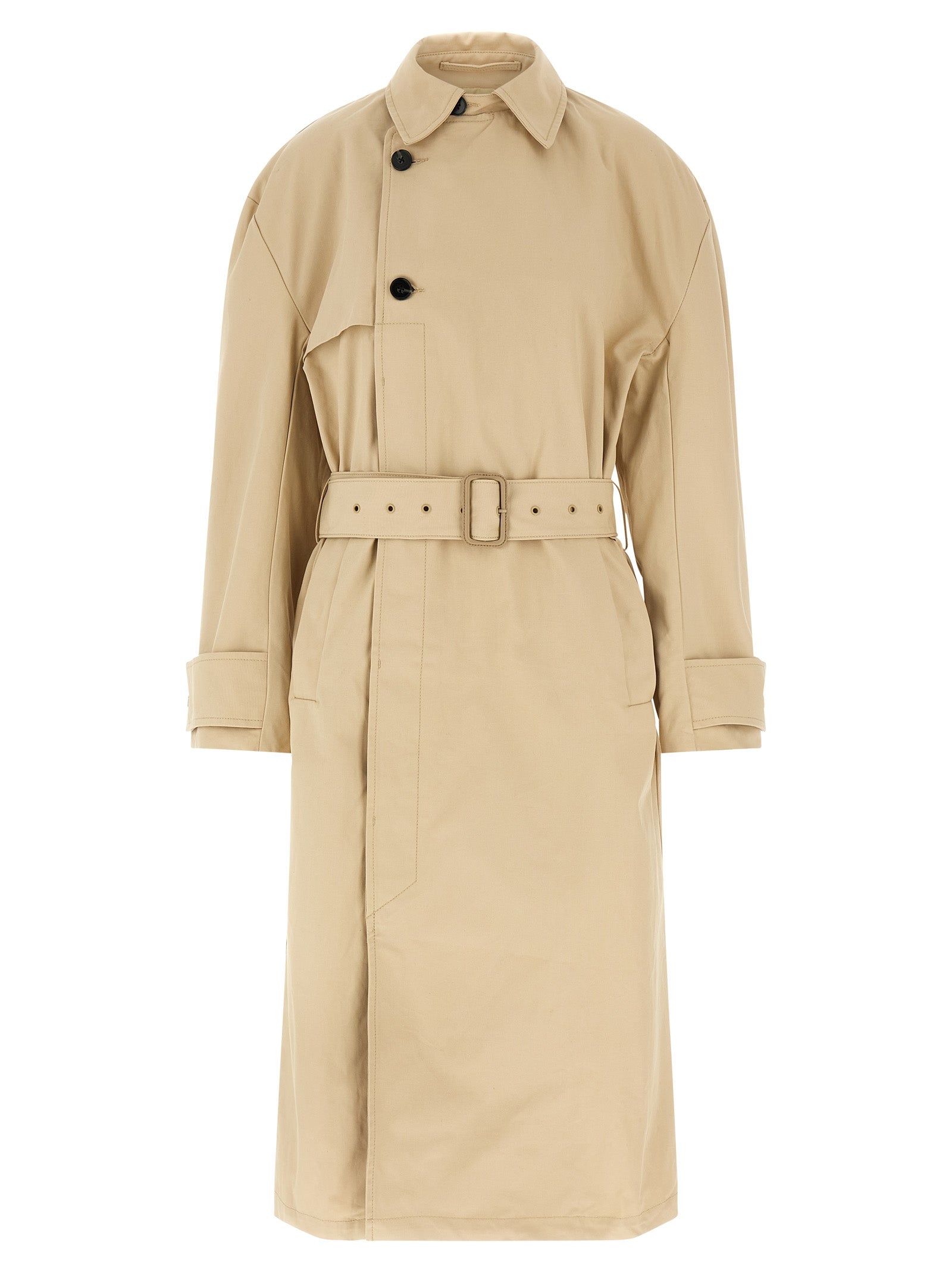 Trench Coat by Entire Studios for women in cotton canvas beige features an dramatic silhouette, perfectly showcasing the elegant split neckline and sophisticated for a truly dramatic aesthetic.