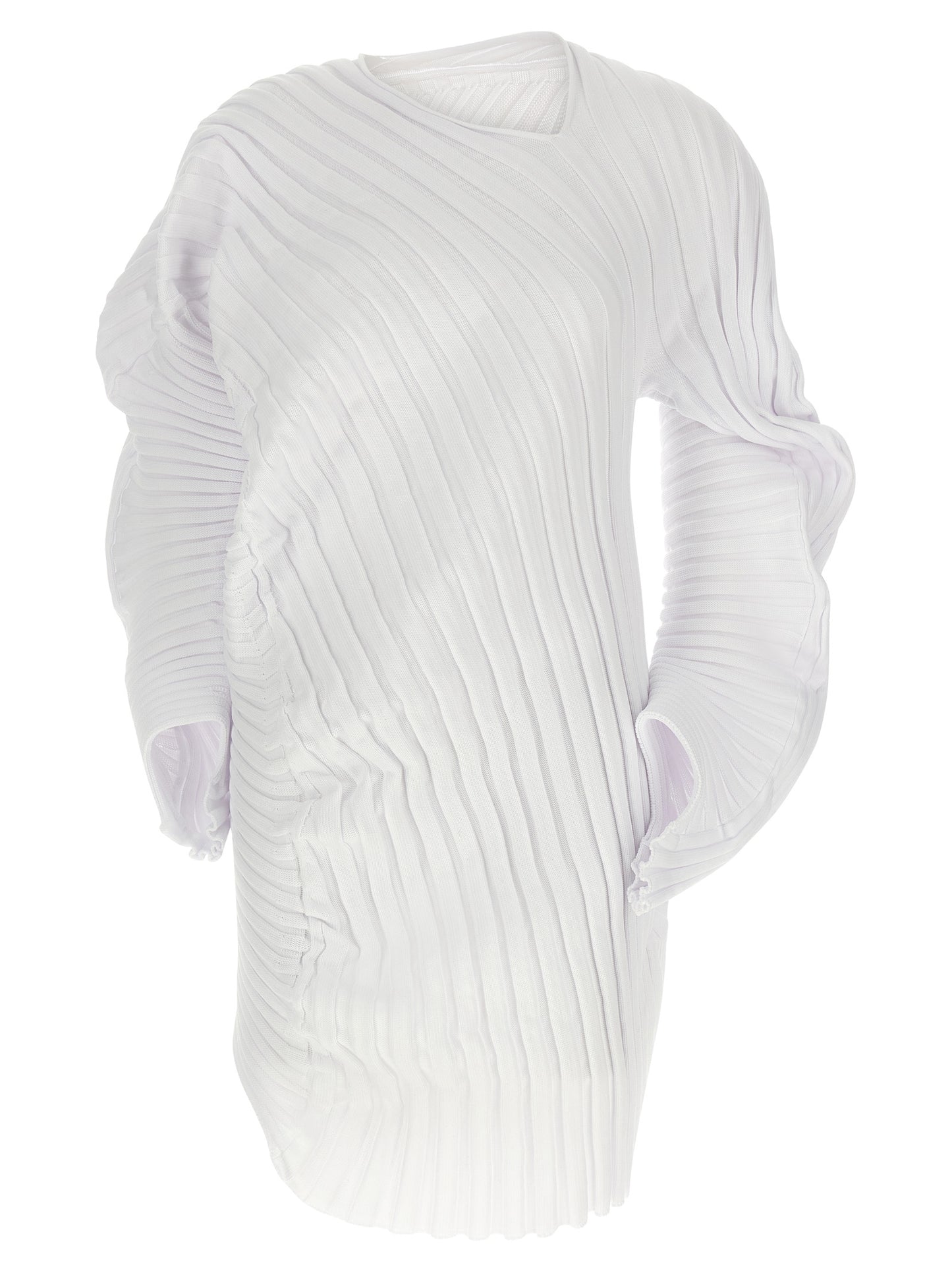 Dress by Issey Miyake for women in polyester white & patterned features an cute silhouette, detailed with a long-sleeve and boat neckline that elegantly flows into a cute midi.