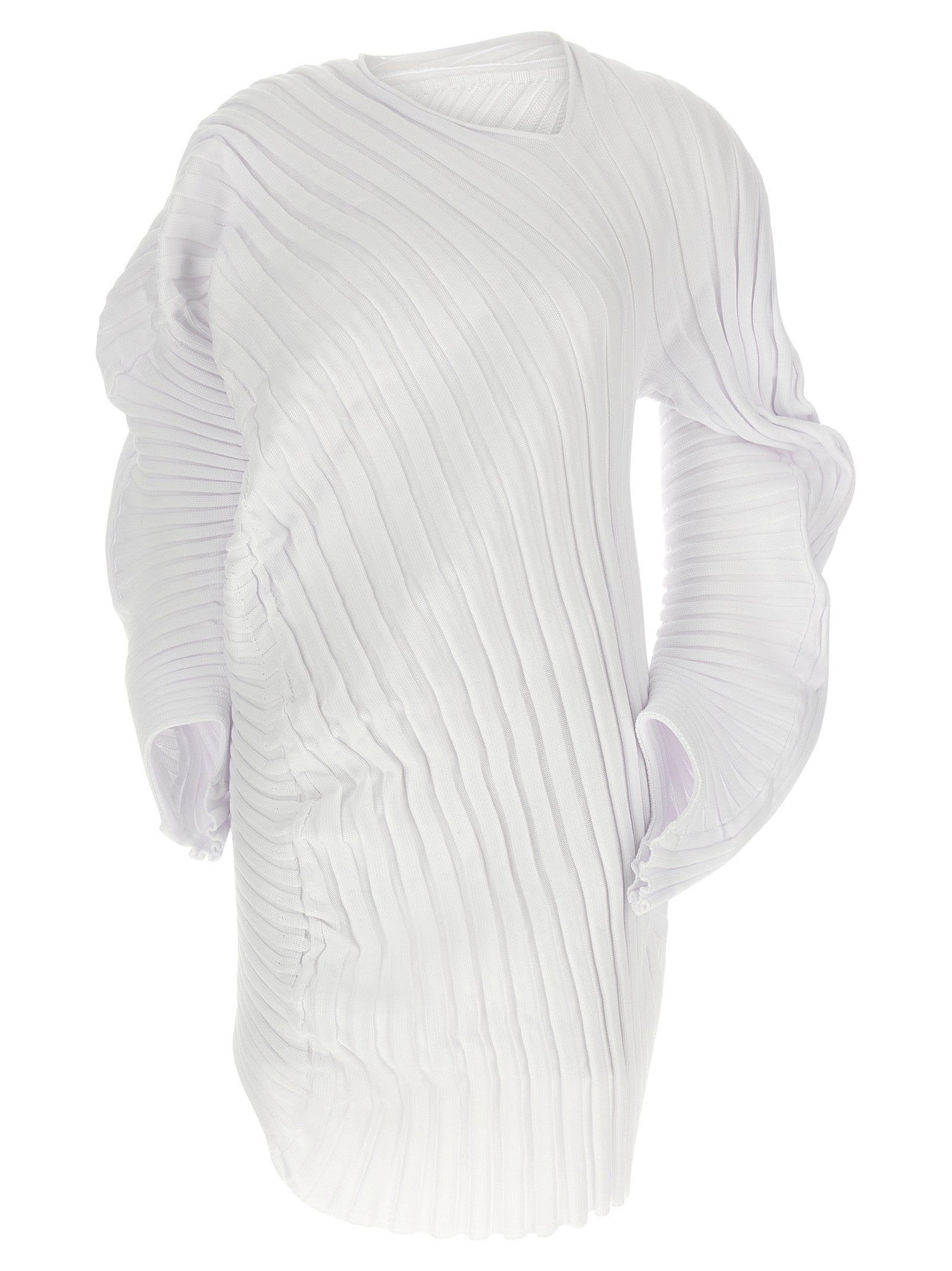Dress by Issey Miyake for women in polyester white & patterned features an cute silhouette, detailed with a long-sleeve and boat neckline that elegantly flows into a cute midi.